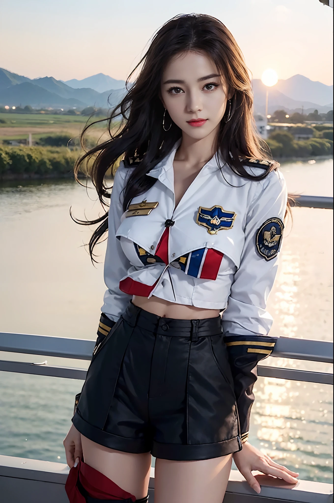 (Best quality, 8k, 32k, Masterpiece, UHD:1.2), (realistic:1.5), (masterpiece, Extremely detailed CG unity 8k wallpaper, best quality, highres:1.2), (ultra detailed, UHD:1.2), Photo of extremely cute and beautiful Japanese woman, (chestnut long wavy hair:1.2), adult, (detailed beautiful girl:1.4), best quality, woman, adult, (detailed US air-force pilot captain uniform:1.3), (white pilot captain shirt:1.3), (black high-waist shorts:1.3), (Beautiful sunset US air force base runway view background:1.2), embarrassed laughing:1, looking at viewer, facing the viewer, ((perfect female body)), (narrow waist:1.2), (upper body image:1.3), slender, abs, (large breasted:1.25), frame the head, wind, dynamic pose, cinematic light, back light, detailed clothes, perfect anatomy, perfect proportion, detailed human body, stylish model pose,