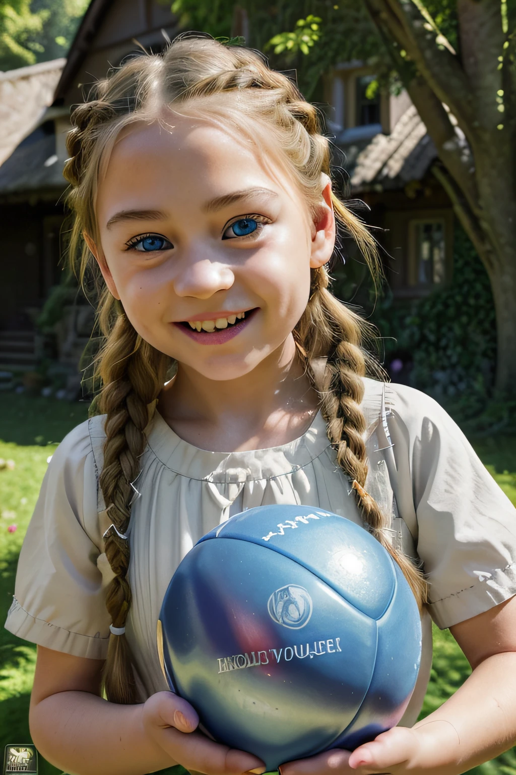 Illustration for the book. Large village house in the woods. A  girl of 6 yrs oling with a ball at home, Blue eyes, all facial features are clearly drawn,Eyes, nose, Lashes, eyebrows, The face should be light, with a smile,Teeth should not be visible, blond hair should be braided, braided.