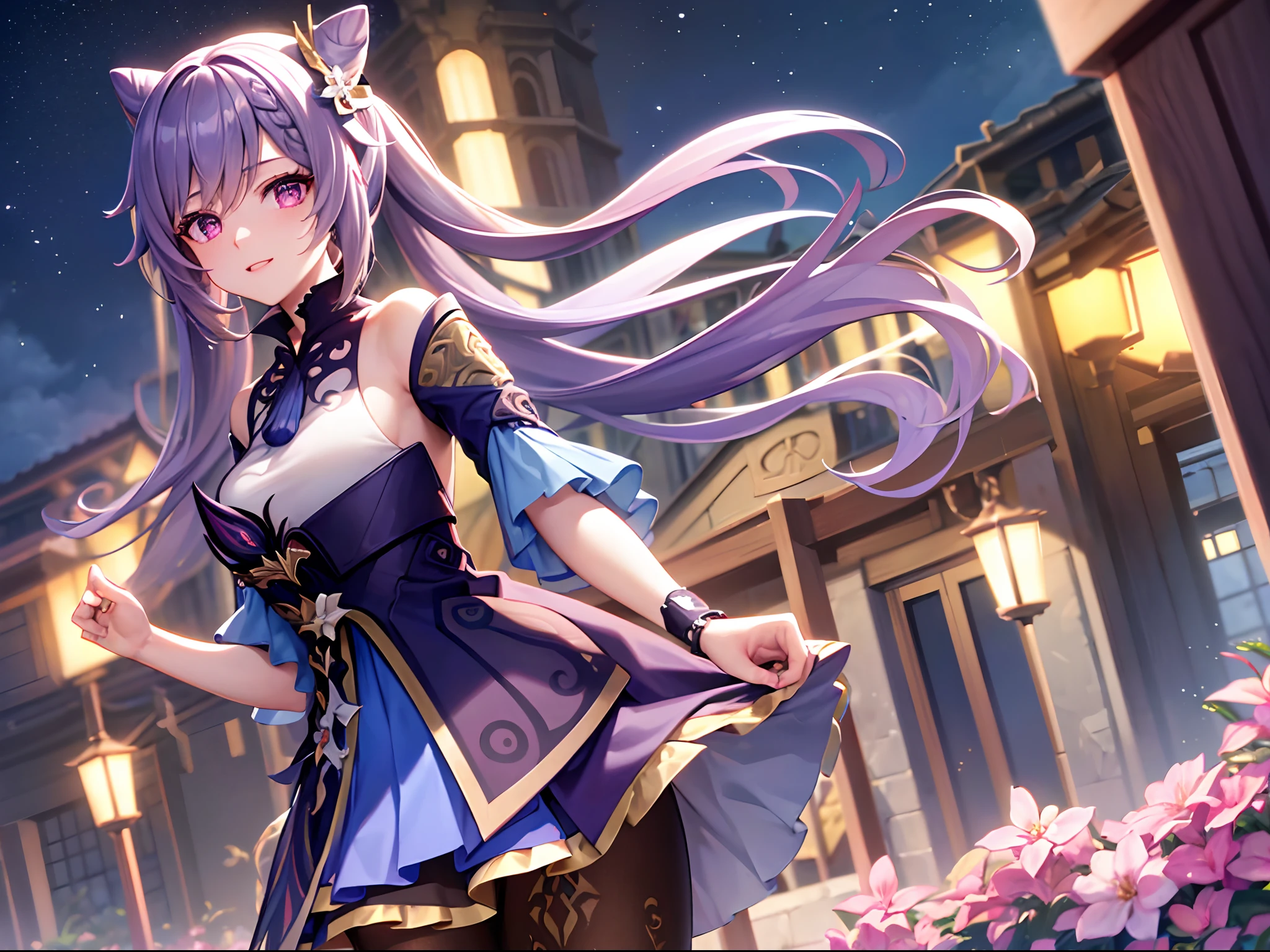 keqing, very happy expression,glowing body,shiny hair,casual dress,beautiful detailed eyes,beautiful detailed lips,extremely detailed eyes and face,longeyelashes,(best quality,4k,8k,highres,masterpiece:1.2)illustration,glowing lights,vibrant colors,warm color tone,soft shadows, happy atmosphere