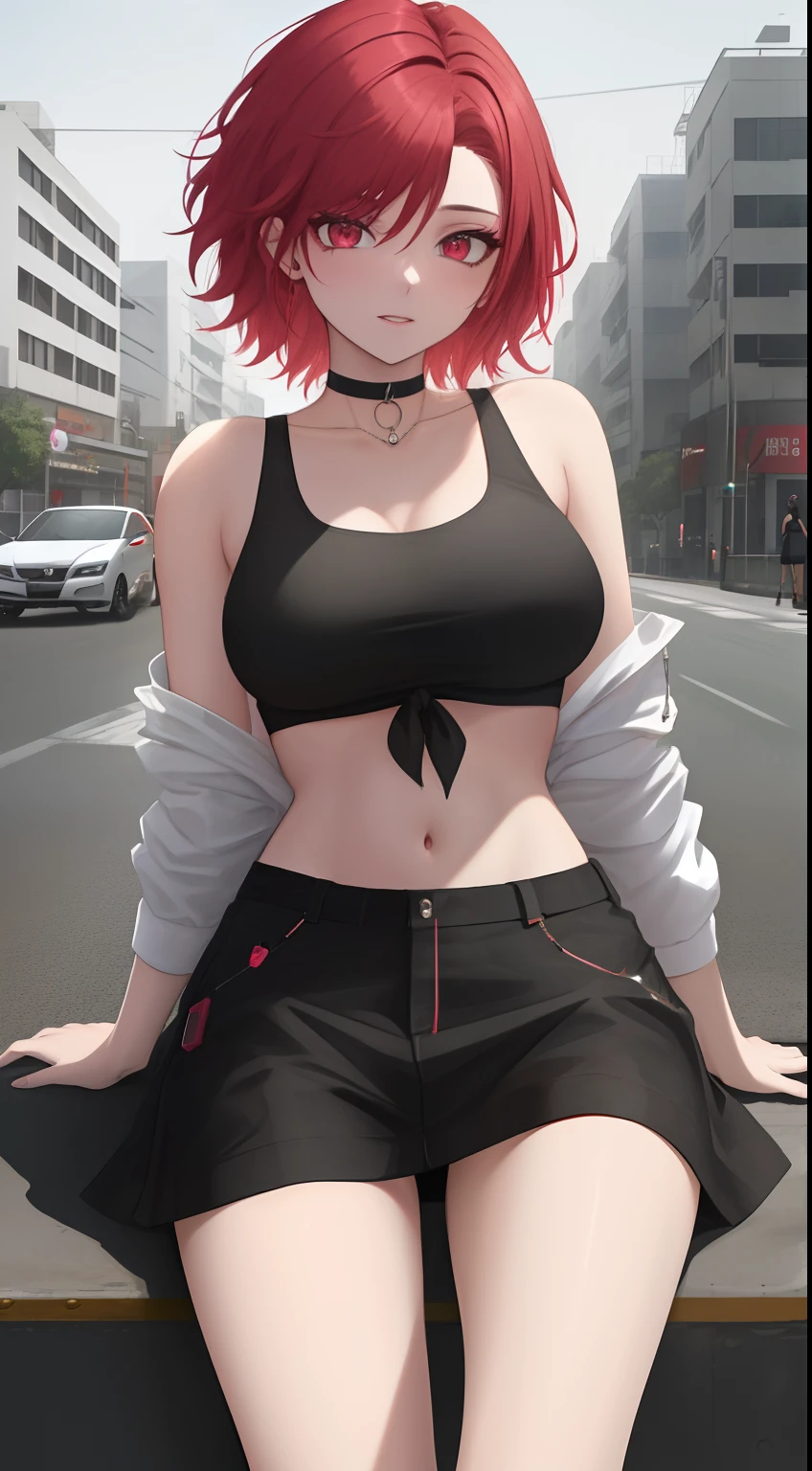 A woman with red hair and red eyes and a black top is sitting on a city street with a traffic light in the background, Artgerm, arte anime, arte cyberpunk, fotorrealismo, 1girl, franja, bare_shoulders, black_choker, seios, ponte, brown_eyes, construction, gargantilha, cidade, paisagem urbana, crop_top, joias, looking_at_viewer, maquiagem, midriff, umbigo, colar, pink_hair, short_hair,  lateral-tie_panties, sentado, saia, sky scraper, solo, tank_top