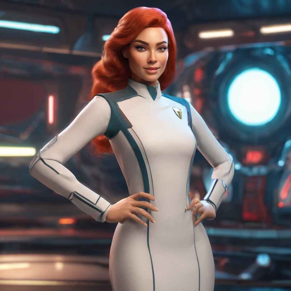 Animated portrait of a female character with striking red hair styled into a tall, elegant bun. She has fair skin, arched eyebrows, green eyes, and red lips that express a confident and playful demeanor. She's dressed in a short blue, form-fitting miniskirt sci-fi uniform dress reminiscent of the 'Star Trek' series. She is wearing black tights. The dress features a high collar, flared sleeves at the wrists, and a triangular badge on the left side of her chest. She poses with one hand raised in a gesture similar to the Vulcan salute. The image has a vintage sci-fi theme, blending classic and modern aesthetics.