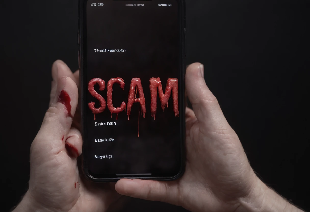 Hand holding a phone covered in blood with the words likely to scam on the screen black background