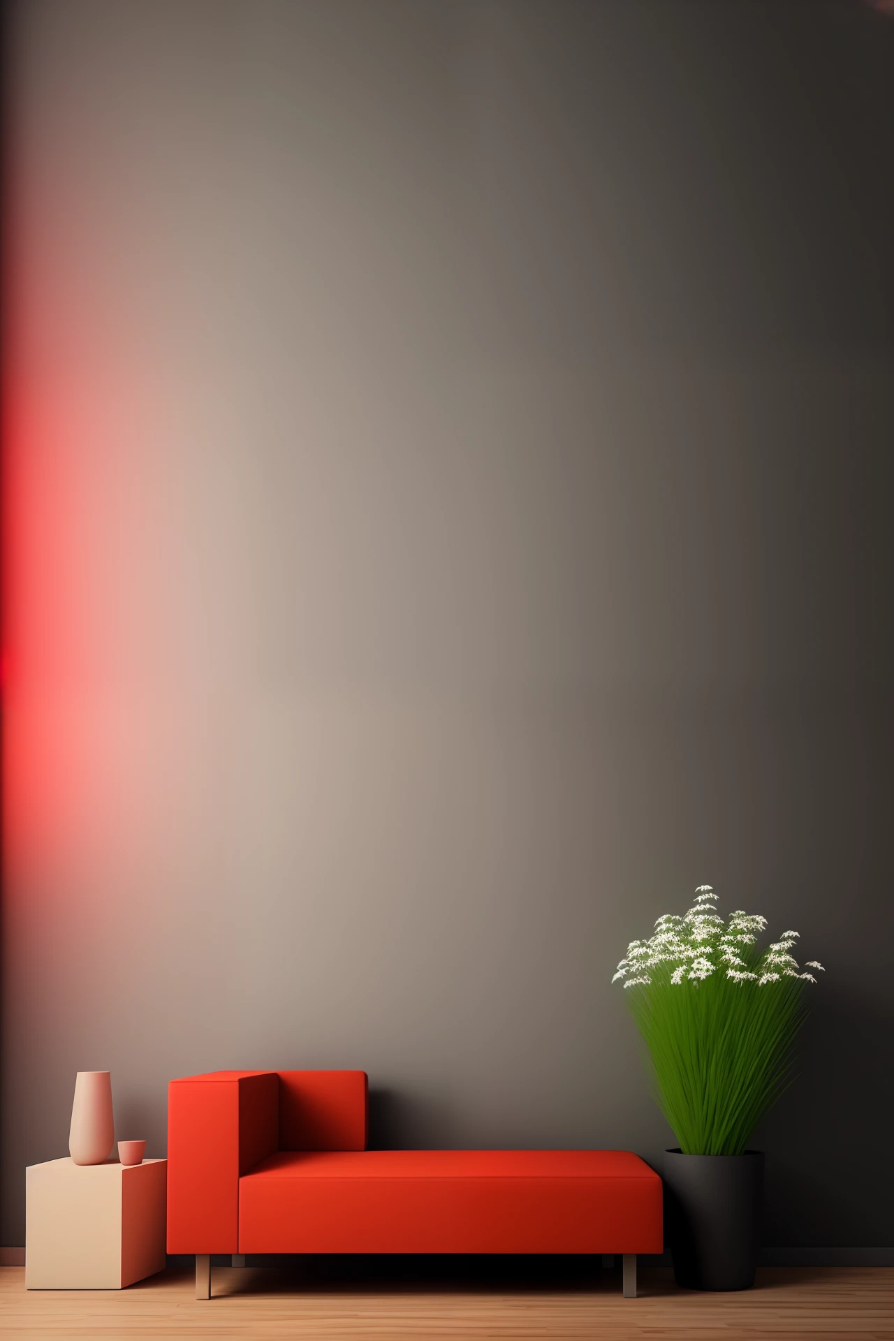 Creates a background with red light, Background Style for YouTube Video Short,4K , super realistic, avec pot de fleur dans le mur,mur de couleur gris