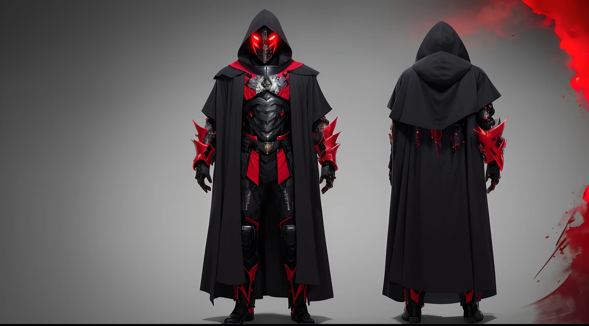 This character is a human who wears black robot armor and wears a scary mask from his robot armor. And he wears a long black coat/robe with a few red stripes that has a hoodie. The overall color is black and a little red.