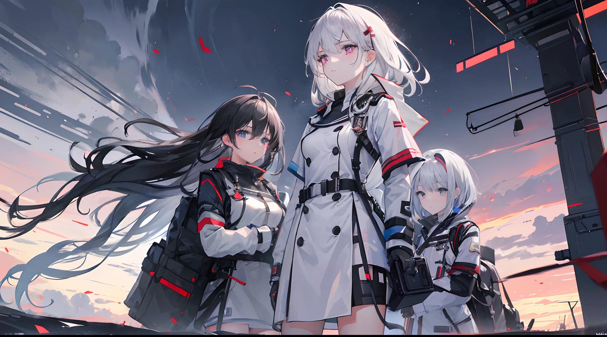 (best qualtiy,CG class,tmasterpiece)Modern style,(Three teenage girls,Medics,A look of determination,Carry a large medical backpack,Gray hair,Lilac pupils,Clear expressions,The action is first aiding the wounded)。enviroment:Shells flying on the battlefield,drizzling,The scene as a whole presents a monotonous color of gray and black