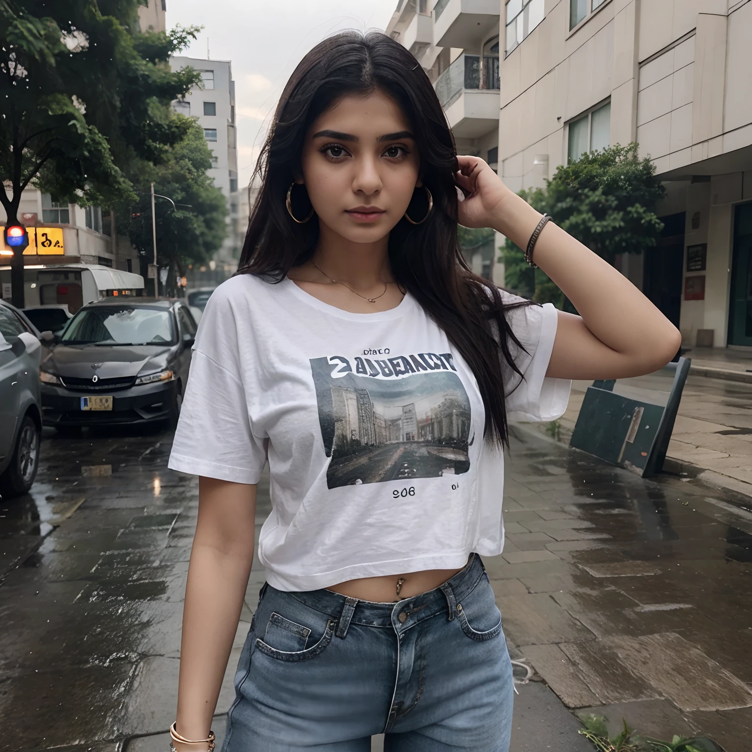 Pakistani beautiful college girl, 18 years old beautiful girl, short black hairs, ear rings, light make-up, hair band, wrist watch, bracelet, a white T-shirt A dark-haired Street style, medium bouncy breasts, baggy tee-shirt, short sleeves, lose Teeshirt, skinny black jeans, perfact figure girl. No print on Teeshirt, traffic and cars behind the girl, rainy weather.
