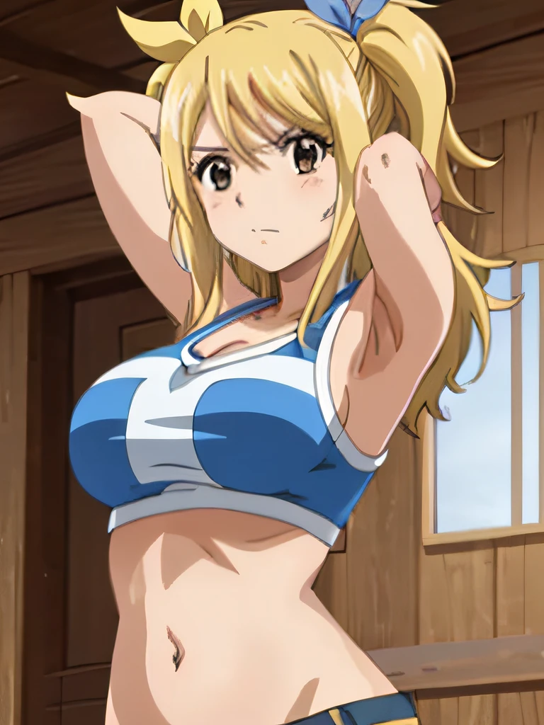 1girl, lucy heartfilia, solo, blonde hair, brown eyes, long hair, indoors, looking at viewer, anime coloring, parody, side ponytail, upper body, hair ribbon, barriga, belly, breasts, armpits