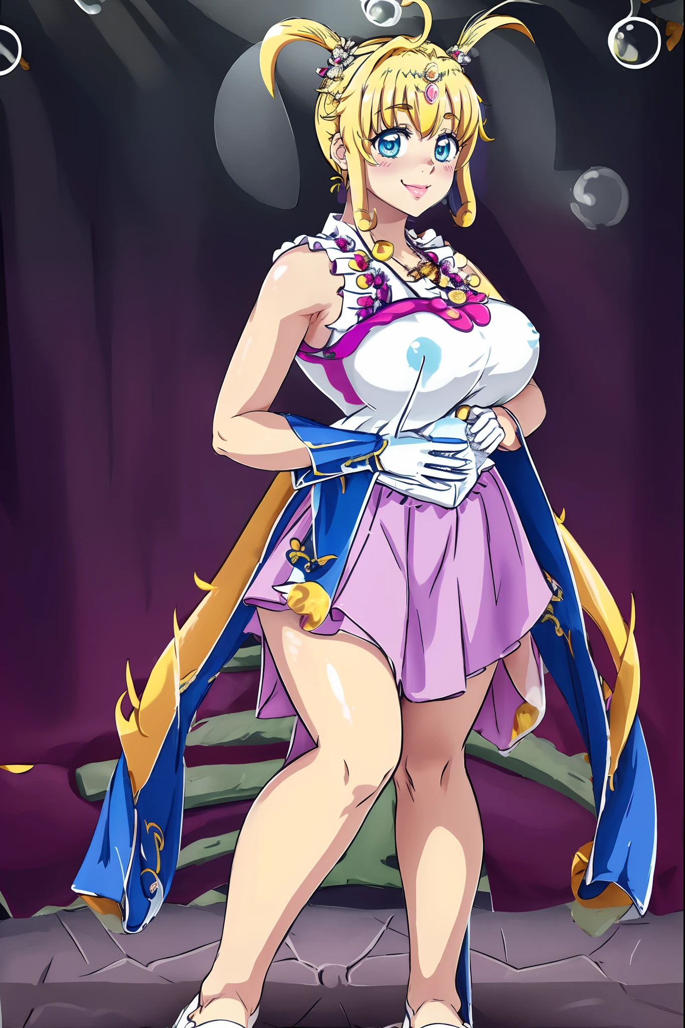 masterpiece, best quality, highres, hmnl, hmnl, twintails, tiara, blue eyes, idol, dress, gloves,(best quality, high-res, masterpiece:1.2), ultra-detailed,1.37, portraits, vivid colors, studio lighting, sharp focus, physically-based rendering, long hair, blue eyes, beautiful detailed eyes, beautiful detailed lips, twintails, tiara, ahoge, hair ornament, idol, dress, gloves, standing, smile, curvy, , long skirt, standing, full body, flipflops, larges skirt, long skirt, lance holding,Daoist_Robe, curvy huge breast