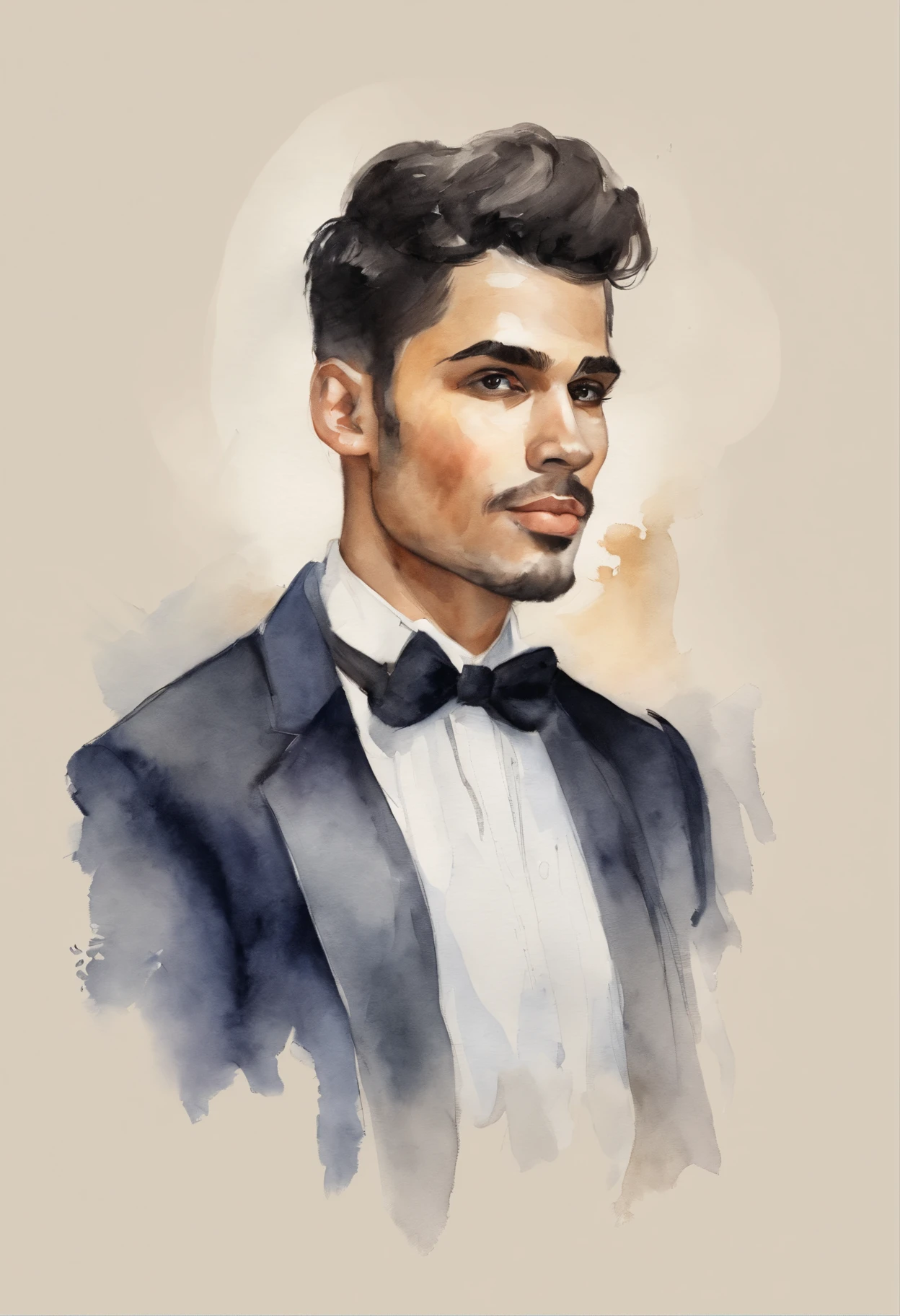 30 year old boy, slim, short stature, small body, medium athletic body, short black hair, black eyes, double eyelids, oval face, short neck, Arab boy, Latin boy, dark skin, heavy lower lips, almond-shaped eyes, angle average eyes, wide and short nose, slightly upturned nose, little volume cheeks, perfect straight eyebrows, enigmatic look, small beard, plain dark long-sleeved shirt, black bow tie, long black pants, transparent bottom,