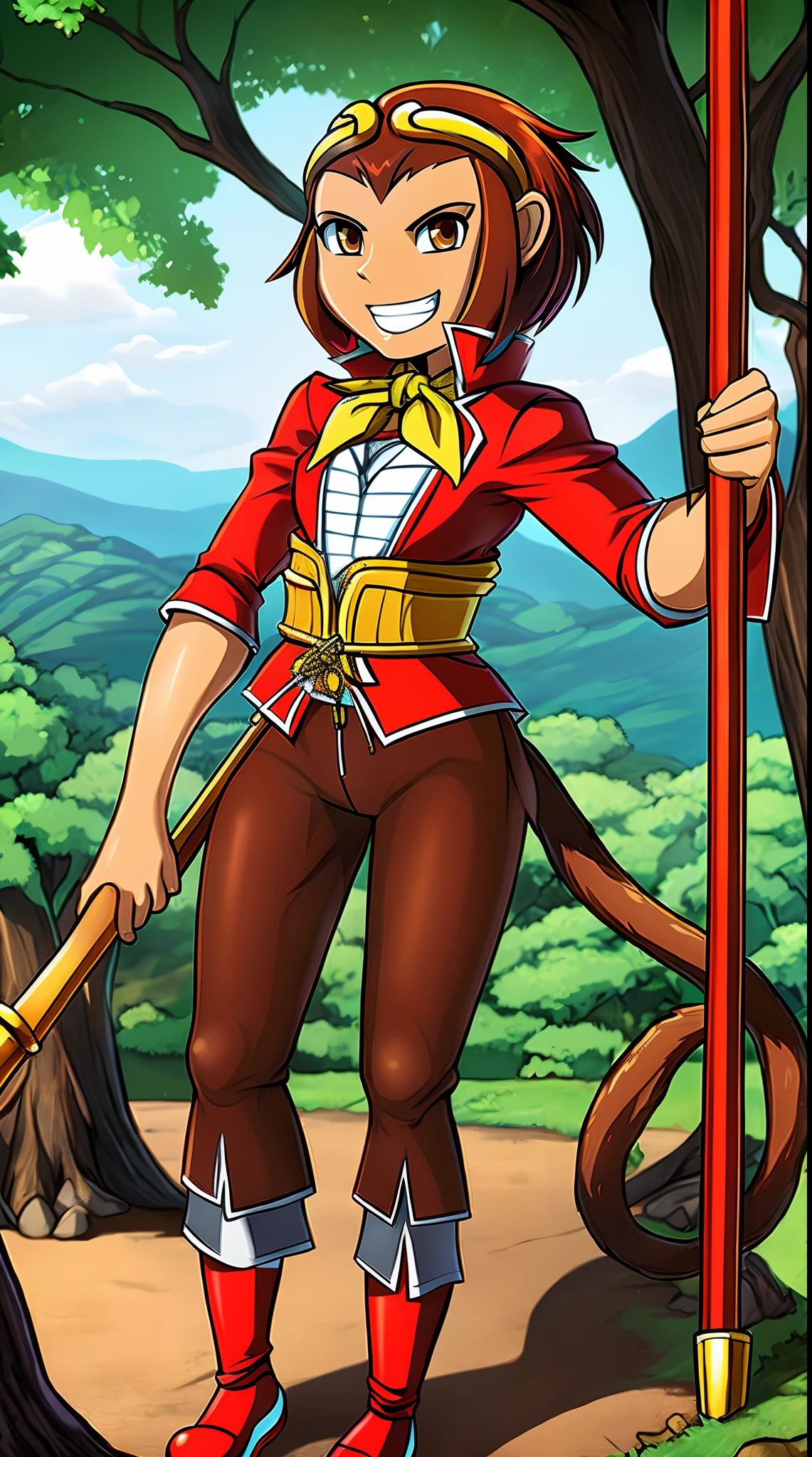 SonSon, monkey girl, (monkey tail), short hair, gold circlet, yellow ascot, brown pants, white socks, red chinese shoes, red tangzhuang, grin, brown eyes, outoors, chinese forest, red staff