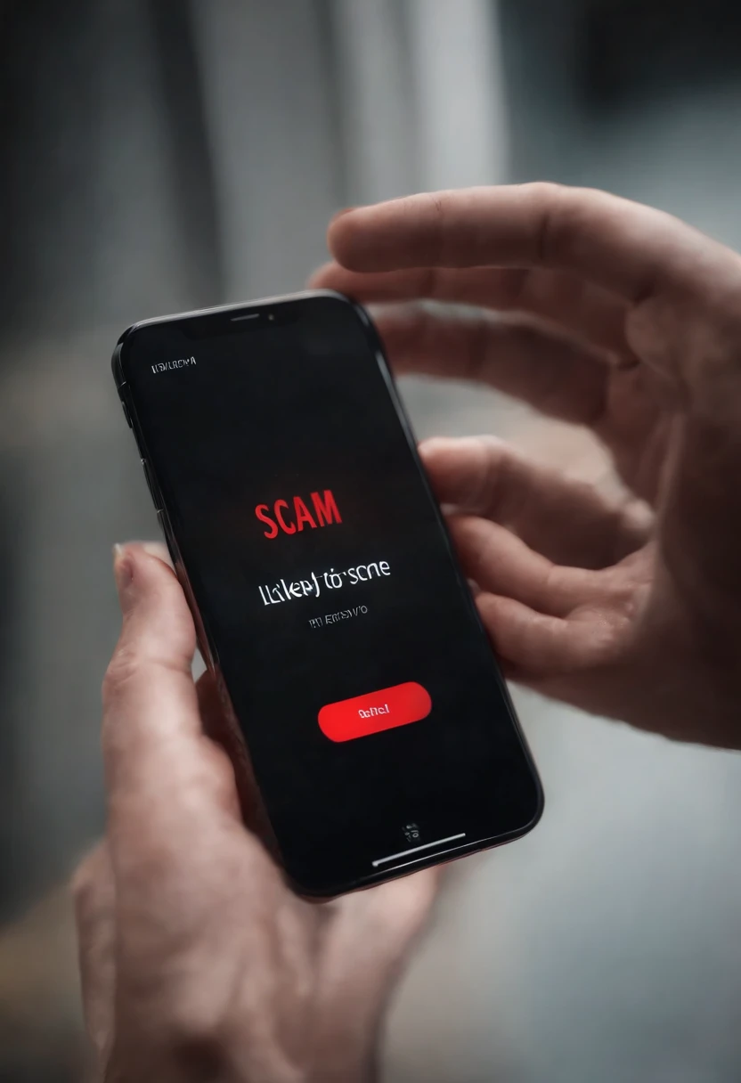 Bloody hand holding phone with a screen that reads Likely to scam