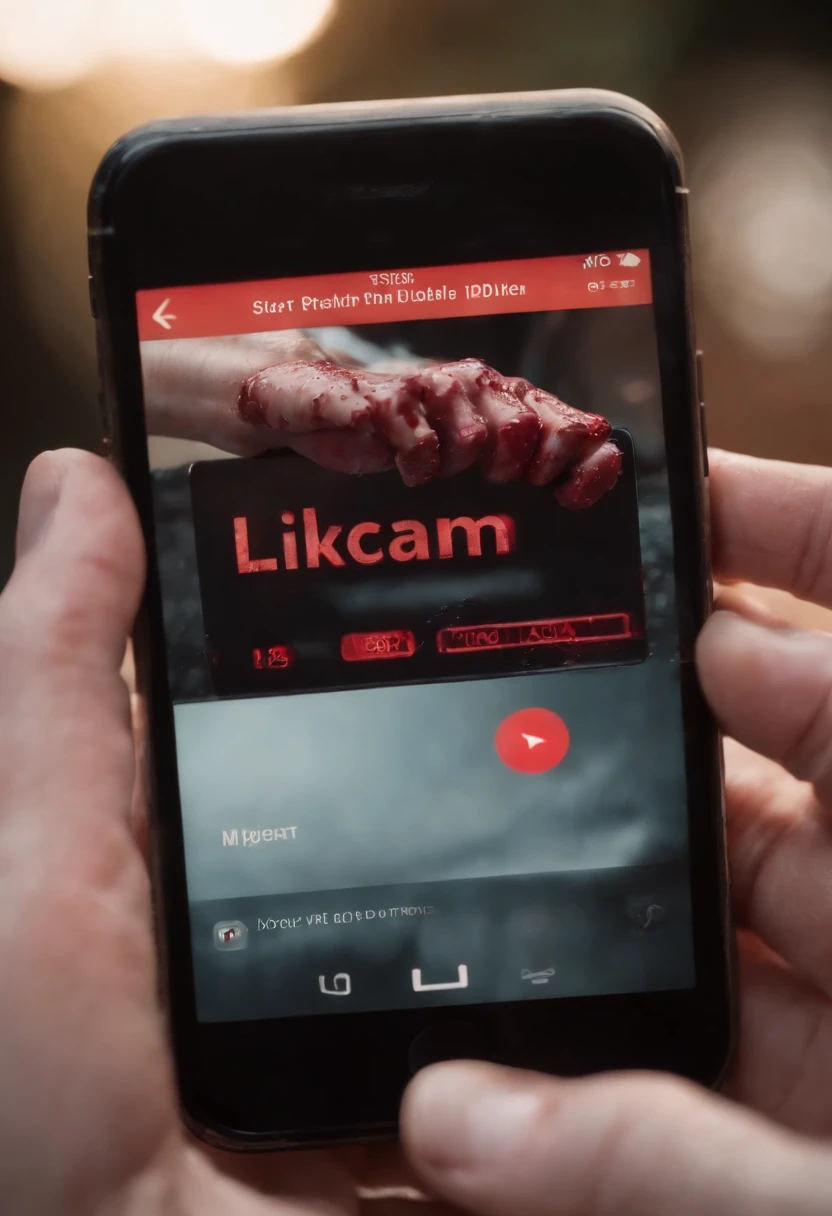 Bloody hand holding phone with a screen that reads Likely to scam