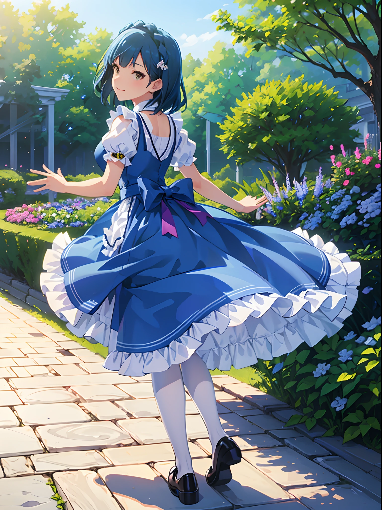 yuriko nanao (million live), 1 girl, solo, best quality, high resolution, 8k, wallpaper, ultra-detailed, (((detailed face, perfect anatomy))), (((dynamic angle, dynamic pose, looking back))), smile, Alice in wonderland, (((light blue dress, white apron, frilled apron, white legwear, white pantyhose, black footwear, Mary Janes))), outdoor, (((beautiful garden))),