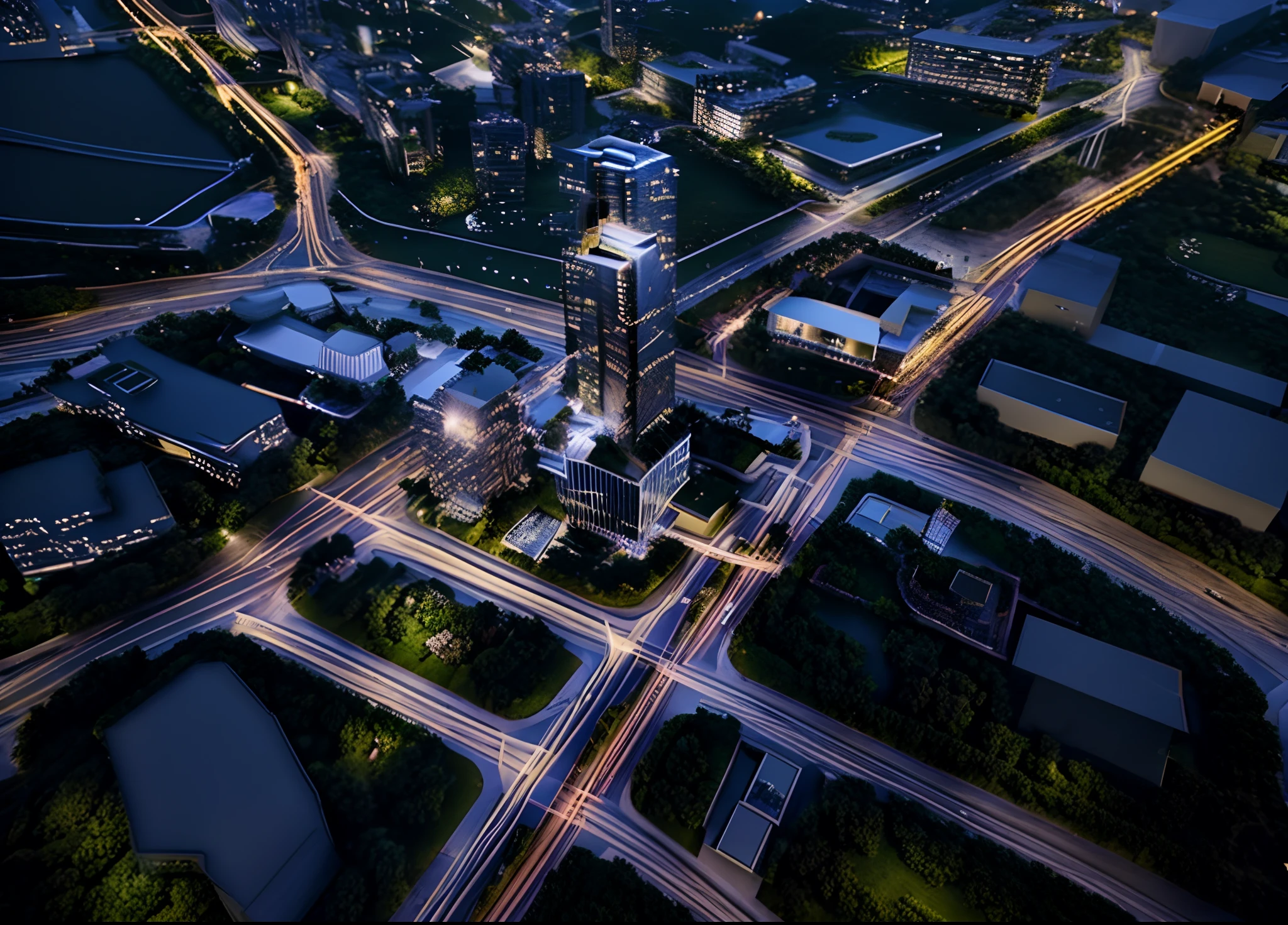 城市,Left road,Middle river,viaduct,Tall building on the right,the night,lamplight,themoon,8k