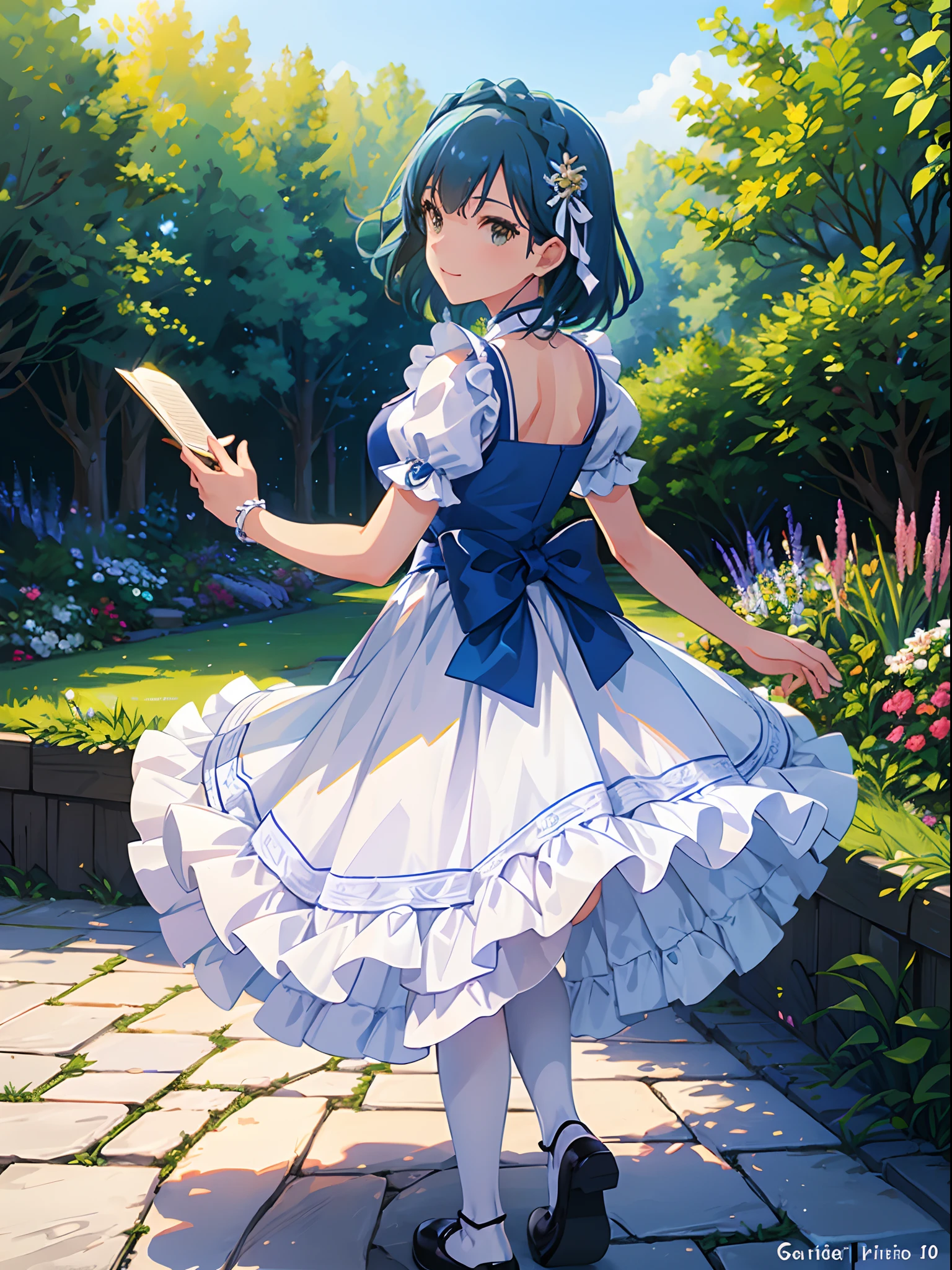 yuriko nanao (million live), 1 girl, solo, best quality, high resolution, 8k, wallpaper, ultra-detailed, (((detailed face, perfect anatomy))), (((dynamic angle, dynamic pose, looking back))), smile, Alice in wonderland, (((light blue dress, white apron, frilled apron, white legwear, white pantyhose, black footwear, Mary Janes))), outdoor, (((beautiful garden))),