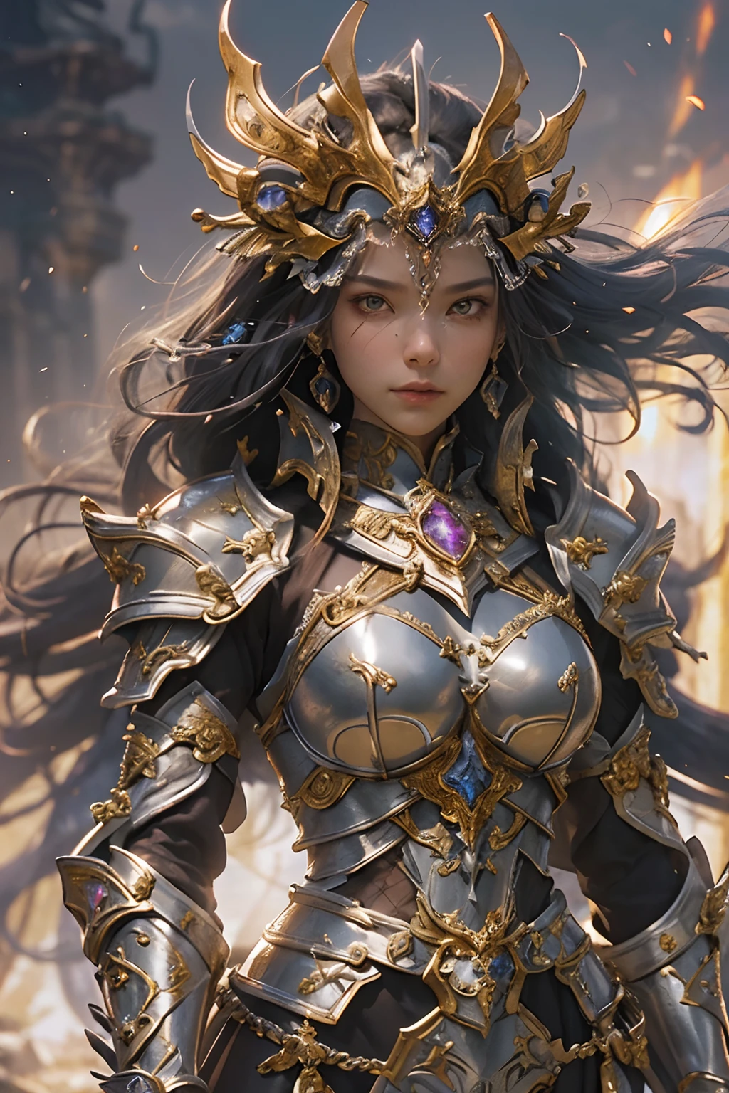"(best quality: 1.2), masterpiece, 8K UHD super detailed, ((official art)), cg, 1 giant goddess of war, standing tall on the scene, her huge legs she stands steadfast amidst the ruins of fallen empires, (pose dynamic: 1.3), intricately detailed armor reflects the very heart of the conflict, (meticulous detail), blazing light radiant, radiant spots of light, (historically significant armor: 1.2), metallic glittering armor, (luminous magic symbol on the armor: 1.3), (mystical magic swirling around her : 1.3), detailed long black hair blowing in the wind, holding a meticulously detailed weapon, (sharp, glowing sword: 1.3), eyes shining with determination and vision, (( silver armor)), extremely detailed shield bearing a symbol of resilience, (fierce expression:1.1), behind her, vast sky crimson sunset:1.8, (wind carrying whispers of a new beginning:1.1), (wisdom and rebirth:1.2), (commanding pose:1.2), (overflowing mystical power:1.2), solo, (sparkling sweat:1.1), jeweled armor, (contrast between silver and gold: 1.3)".