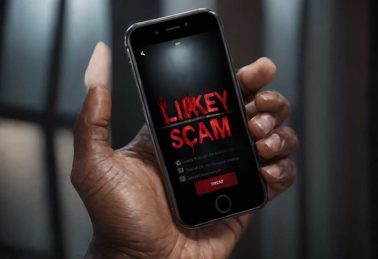 African american hand holding a phone covered in blood with the words likely to scam on the screen black  background