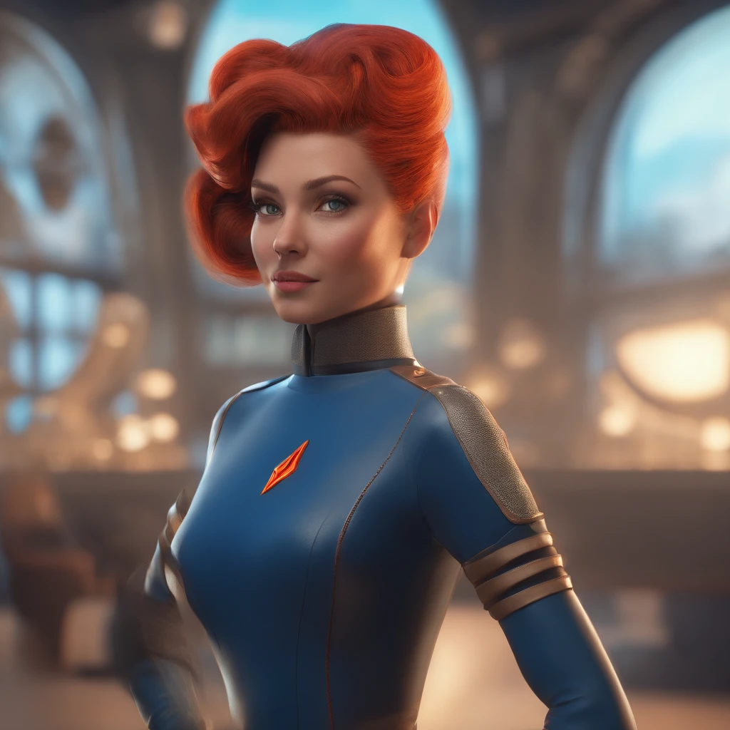 Animated portrait of a female character with striking red hair styled into a tall, elegant bun. She has fair skin, arched eyebrows, green eyes, and red lips that express a confident and playful demeanor. She's dressed in a short blue, form-fitting miniskirt sci-fi uniform dress reminiscent of the 'Star Trek' series. She is wearing black tights. The dress features a high collar, flared sleeves at the wrists, and a triangular badge on the left side of her chest. She poses with one hand raised in a gesture similar to the Vulcan salute. The image has a vintage sci-fi theme, blending classic and modern aesthetics.