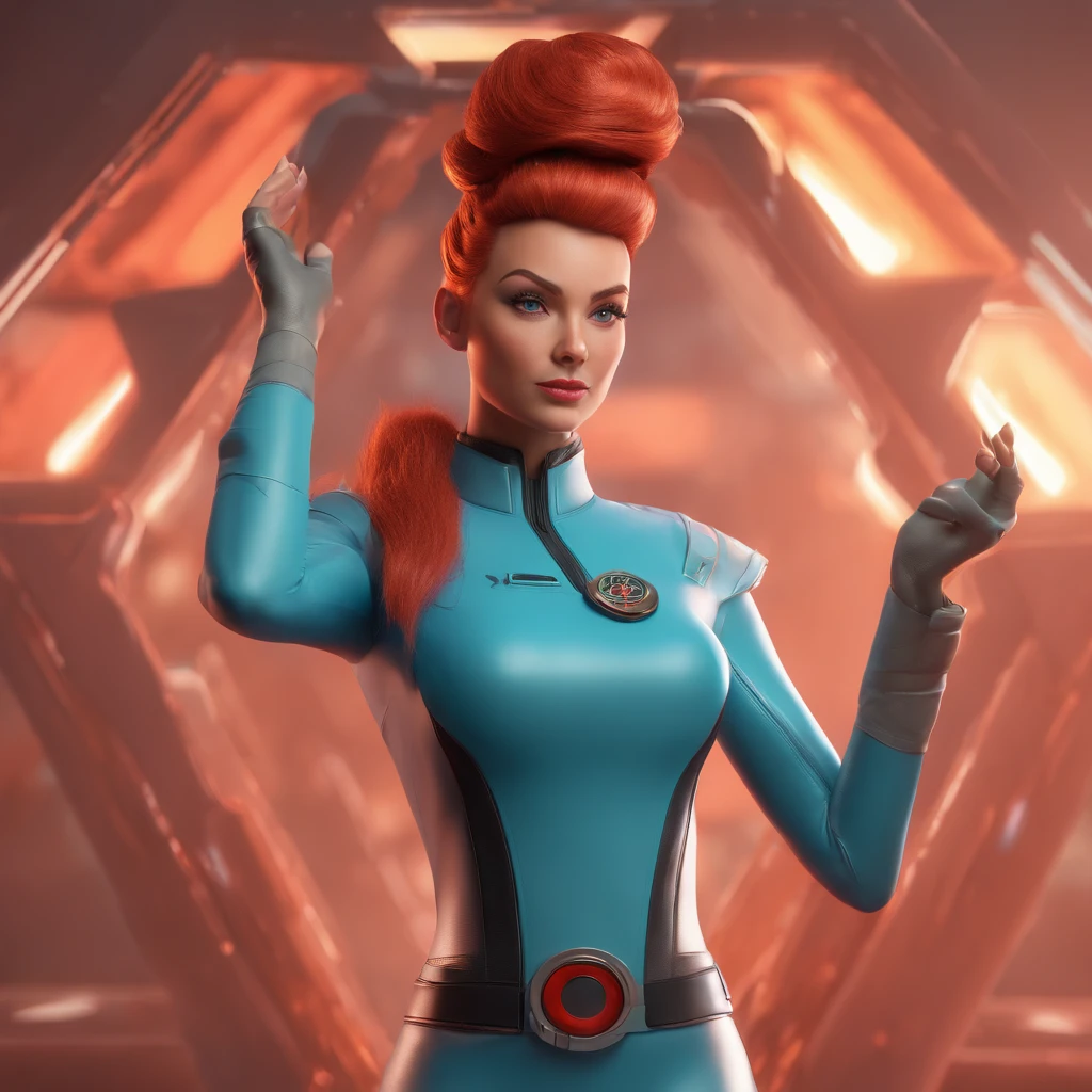 Animated portrait of a female character with striking red hair styled into a tall, elegant bun. She has fair skin, arched eyebrows, green eyes, and red lips that express a confident and playful demeanor. She's dressed in a short blue, form-fitting miniskirt sci-fi uniform dress reminiscent of the 'Star Trek' series. She is wearing black tights. The dress features a high collar, flared sleeves at the wrists, and a triangular badge on the left side of her chest. She poses with one hand raised in a gesture similar to the Vulcan salute. The image has a vintage sci-fi theme, blending classic and modern aesthetics.
