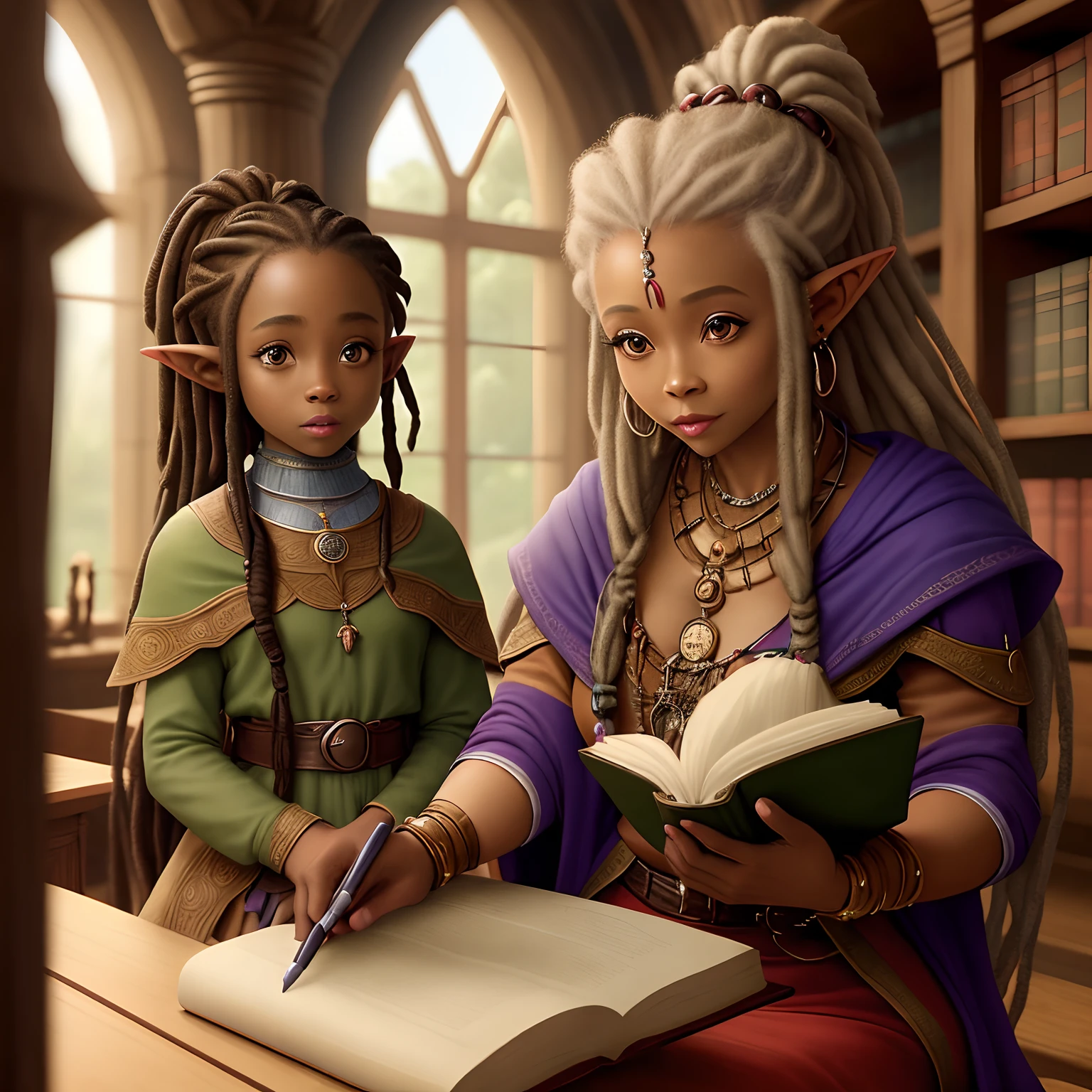 A small petite big eyed child like African American female Elf with dreads in a Fantasy castle library, A mature African American Elven woman tutors her second woman, Elderly