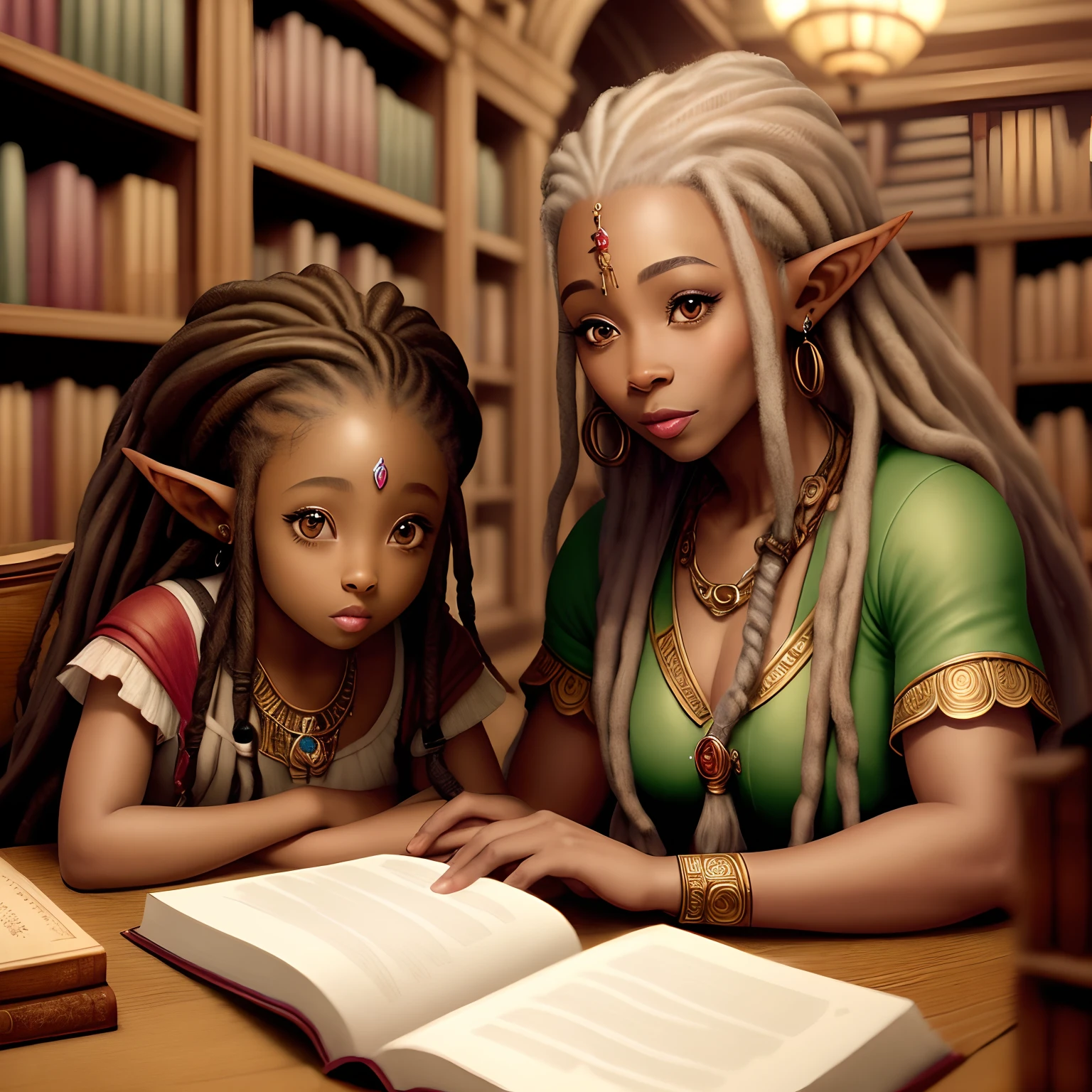 A ite big eyed child likican American female Elf with dreads in a Fantasy castle library, A mature African American Elven woman tutors her second woman, Elderly