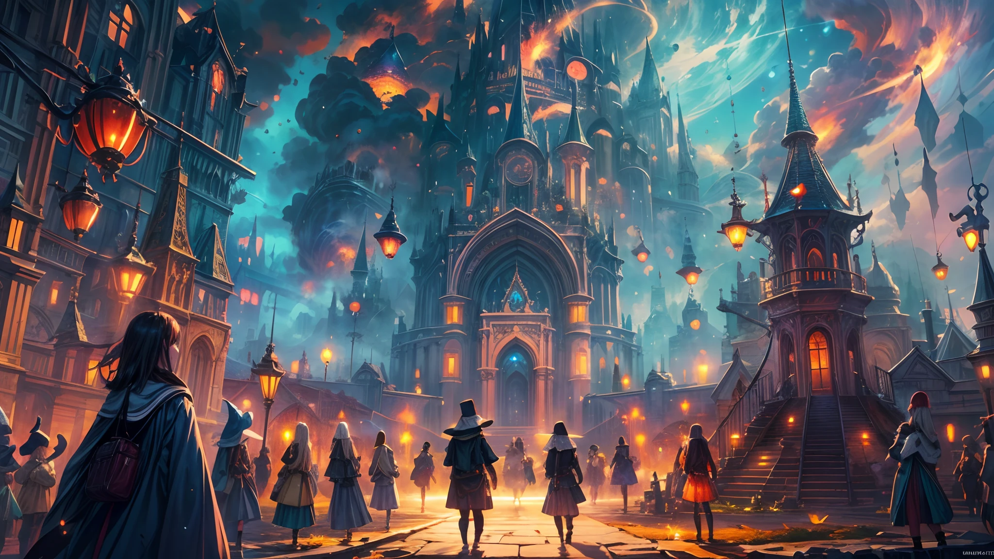 masterpiece, concept art, wide shot, (magical academy:1.5), witch students around, fantasy theme, surrealism, high fantasy, multicolored magical array, (epic composition, epic proportion), volumetric lighting, panoramic, vibrant color, HD