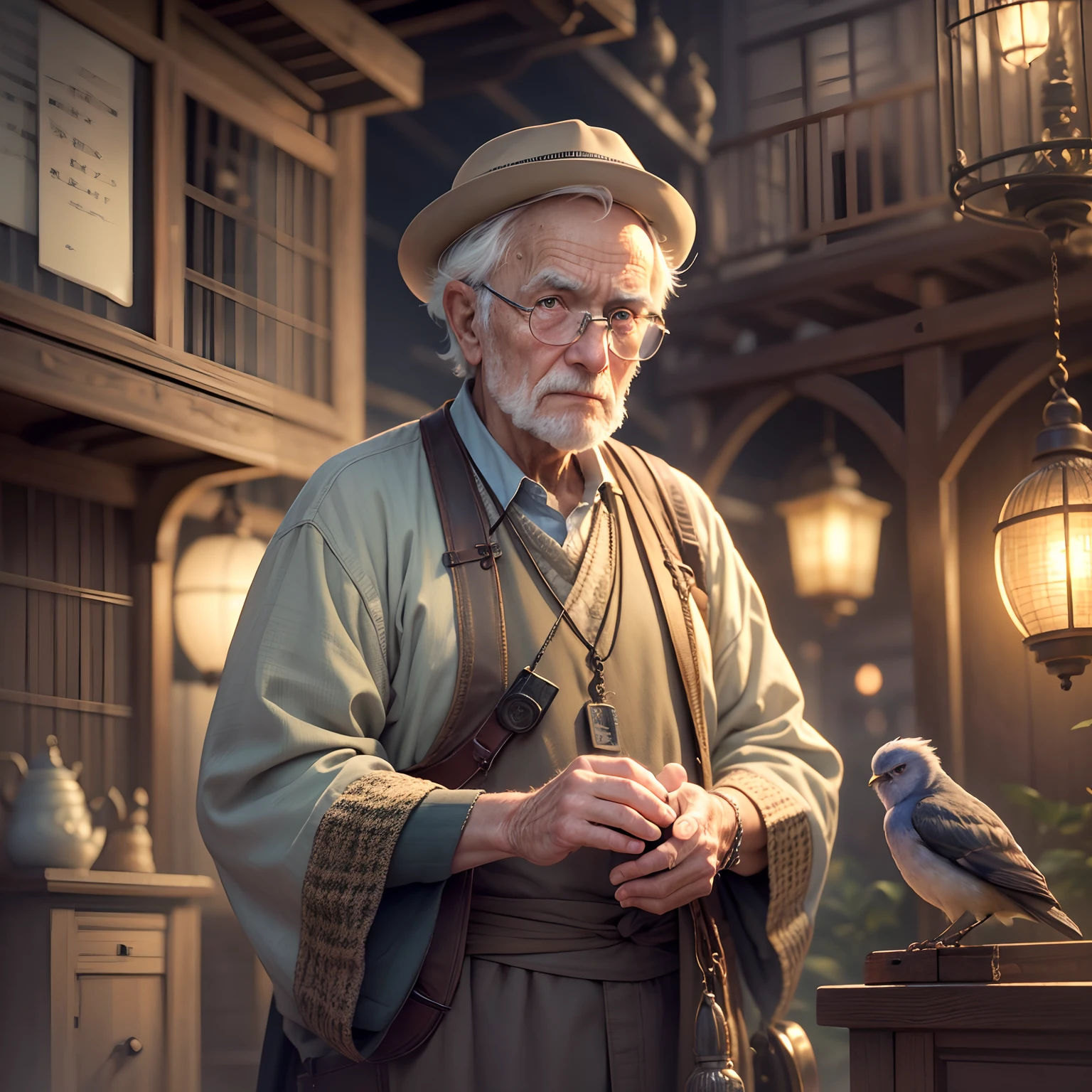 An old man makes eye contact with a bird in a birdcage, Impatient, Twilight, warmth, Cultural atmosphere, (Masterpiece) (perfectly proportions) (photo realist) (Best quality) (Detailed) (8K) (hdr) (the wallpaper) (Light cinematic) (foco nítido) (复杂)