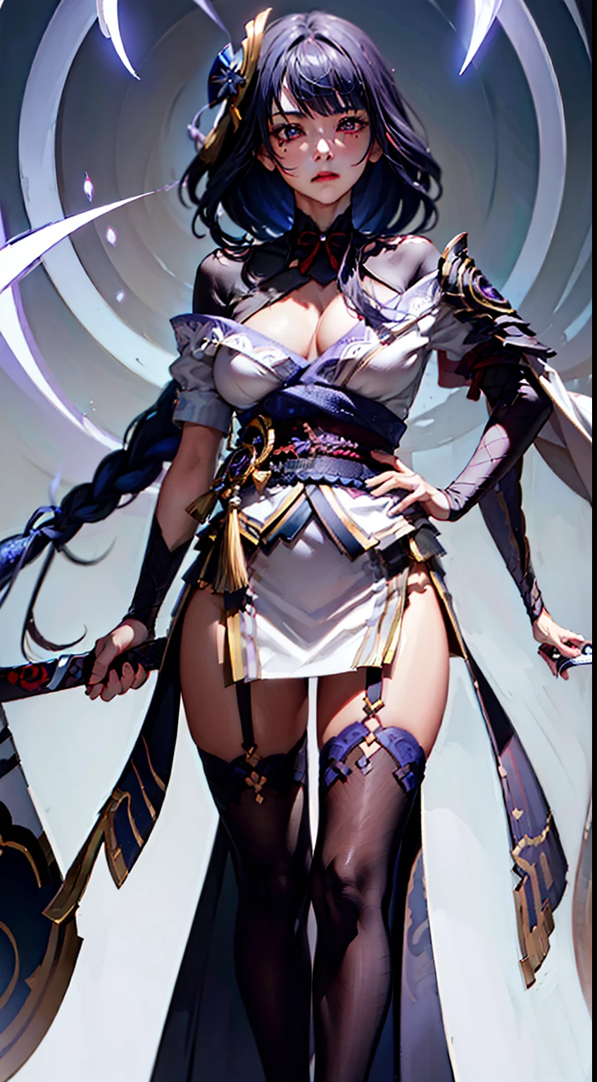 Digital Art, Anime girl holding a sword with a sword and a purple dress, Full-length(Body Full 1.1), ayaka genshin impact, ayaka game genshin impact, zhongli from genshin impact, keqing from genshin impact, hyuga hyuga, shalltear from overlord, black - haired mage, high detail official illustrations, fire emblem, onmyoji portrait, ((a beautiful fantasy empress)),extremely large breasts,blusher,Korean beauty,Korean goddess,Demon Slayer Art Style, demon slayer rui fanart, badass anime 8 k, Demon Slayer, Anime Key Art, 4 k manga wallpapers, kimetsu no yaiba, anime wallaper, Ultra Transparent, Ultra Detailed, very extremely beautiful, anime epic artwork, Anime Art Wallpapers 8K, Local Art & epic composition, very extremely beautiful, beautiful breasts, old Japan, (tmasterpiece, beste-Qualit),