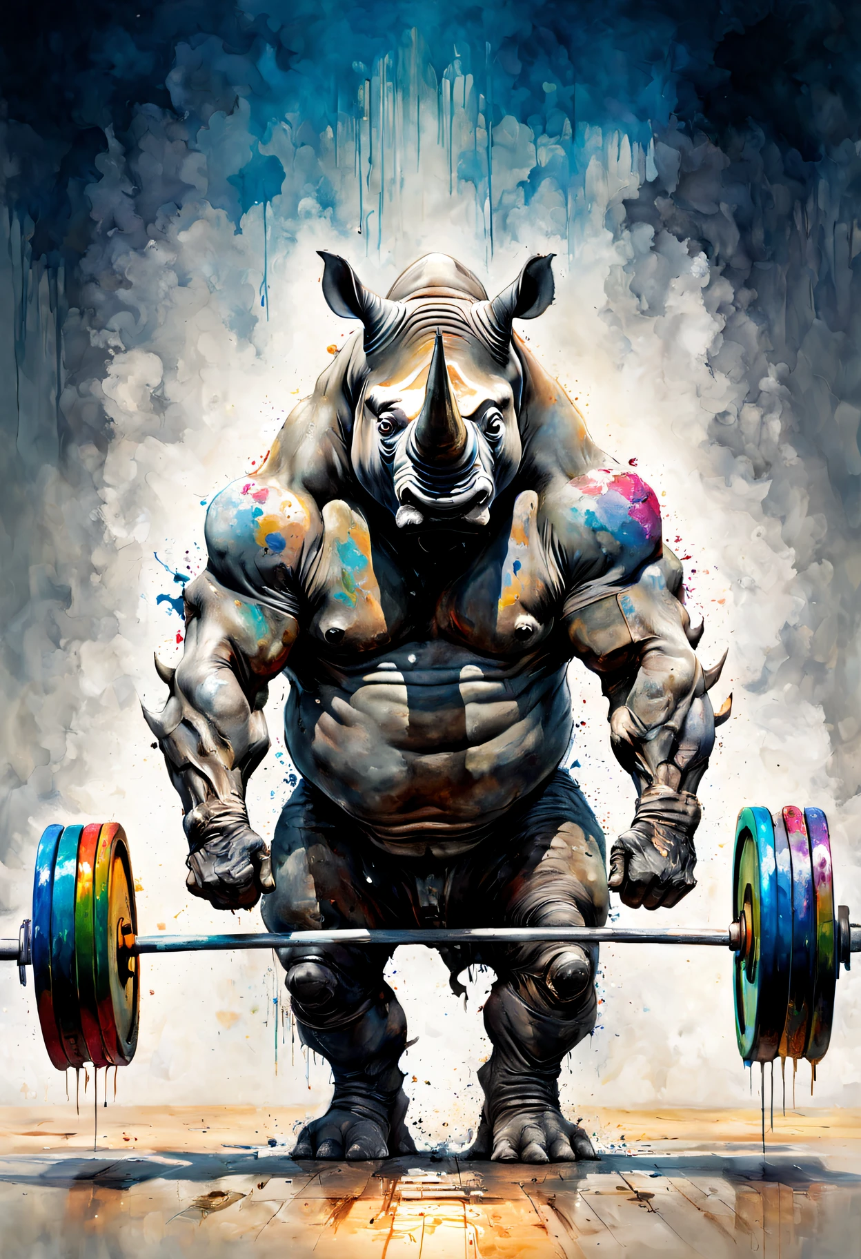 A humanoid Rhino deadlifting a single barbell with 5 weight plates on each side, Full Body, 8k resolution photorealistic masterpiece, intricately detailed fluid painting, by Jean Baptiste Monge, acrylic: colorful watercolor art, cinematic lighting, maximalist photoillustration, 8k resolution concept art intricately detailed, complex, elegant, expansive, fantastical, psychedelic realism, dripping paint,
