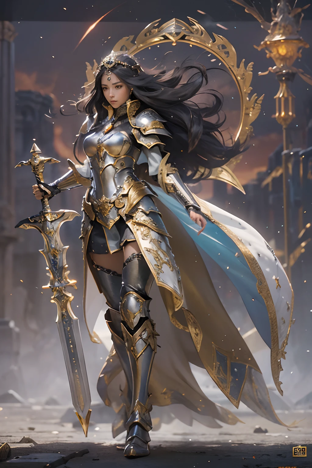 "(best quality: 1.2), masterpiece, 8K UHD super detailed, ((official art)), cg, 1 giant goddess of war, standing tall on the scene, her huge legs she stands steadfast amidst the ruins of fallen empires, (pose dynamic: 1.3), intricately detailed armor reflects the very heart of the conflict, (meticulous detail), blazing light radiant, radiant spots of light, (historically significant armor: 1.2), metallic glittering armor, (luminous magic symbol on the armor: 1.3), (mystical magic swirling around her : 1.3), detailed long black hair blowing in the wind, holding a meticulously detailed weapon, (sharp, glowing sword: 1.3), eyes shining with determination and vision, (( silver armor)), extremely detailed shield bearing a symbol of resilience, (fierce expression:1.1), behind her, vast sky crimson sunset:1.4, (wind carrying whispers of a new beginning:1.1), (wisdom and rebirth:1.2), (commanding pose:1.2), (overflowing mystical power:1.2), solo, (sparkling sweat:1.1), jeweled armor, (contrast between silver and gold: 1.3)".