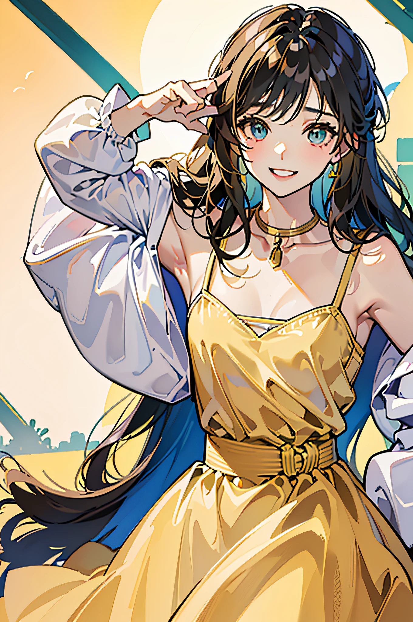 (in 8K、top-quality、masterpiece:1.2)、1人の女性、(Smiling smile:1.1)、beautidful eyes、Valley、The upper part of the body、shorth hair、Like a boy、Colossal tits、Yellow View、