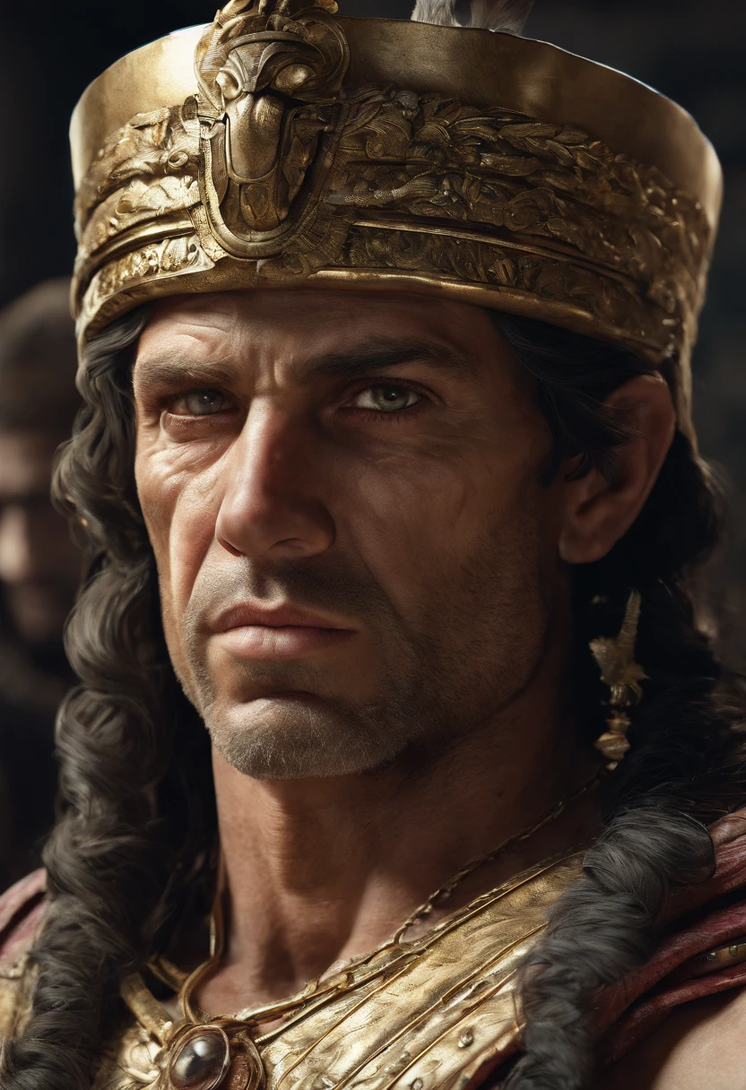Uma imagem de Mark Antony, a Roman general who fell in love with Cleopatra..His keen focus and intense gaze seem to pierce through the darkness, Revealing Hidden Truths and Mysteries. The intricate details are reproduced in stunning detail, while cinematic lighting adds a touch of drama to the scene. Esta imagem sobrenatural, Captured in 8K resolution, will leave you in awe of its beauty and depth