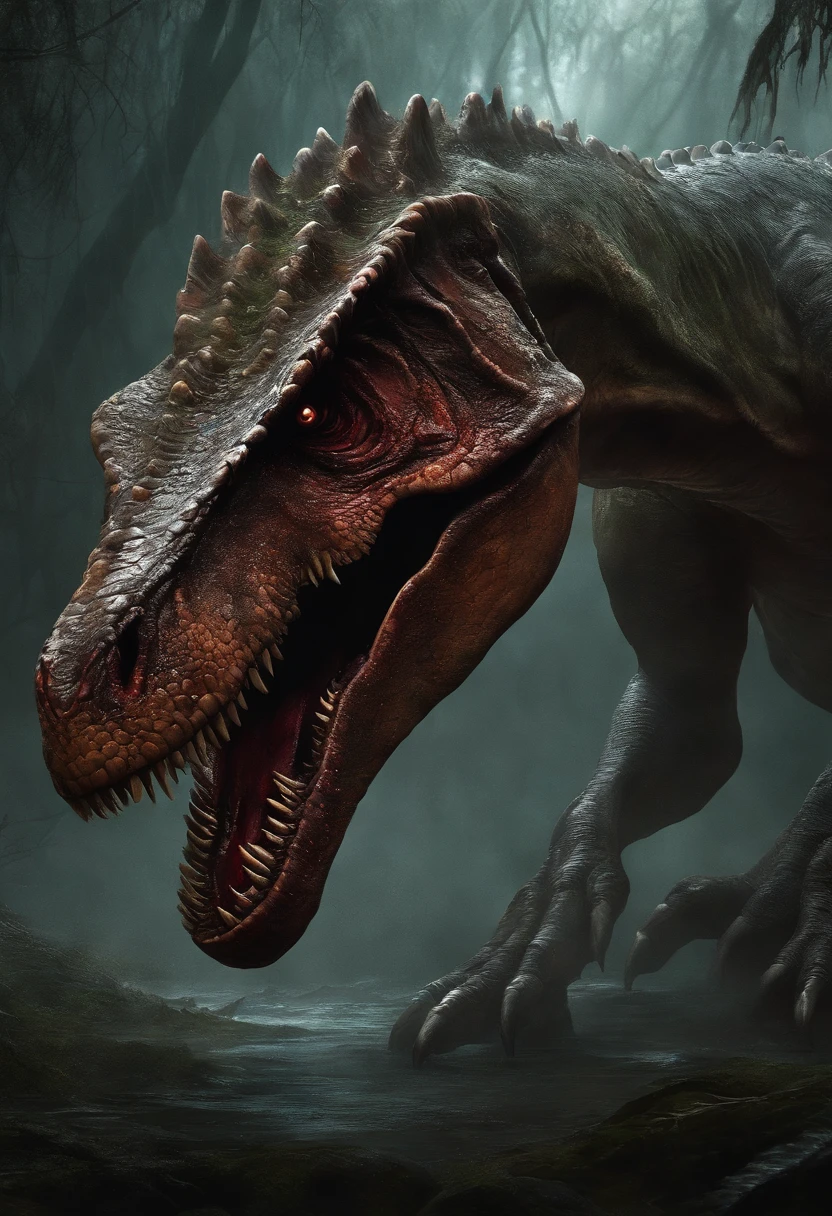 A painting of a t-rex with a bloodied face and a bloodied head, wide shot , carnage, Sci - Horror Art of Fiction, Science fiction horror artwork, inspired by Aleksi Briclot, creature de carnage, Horror fantasy art, par Aleksi Briclot, Horror concept art, venin, Art fantastique et horreur, Detailed illustration of 4K horror, Dinosaur creature, Dark Fantasy Horror Art