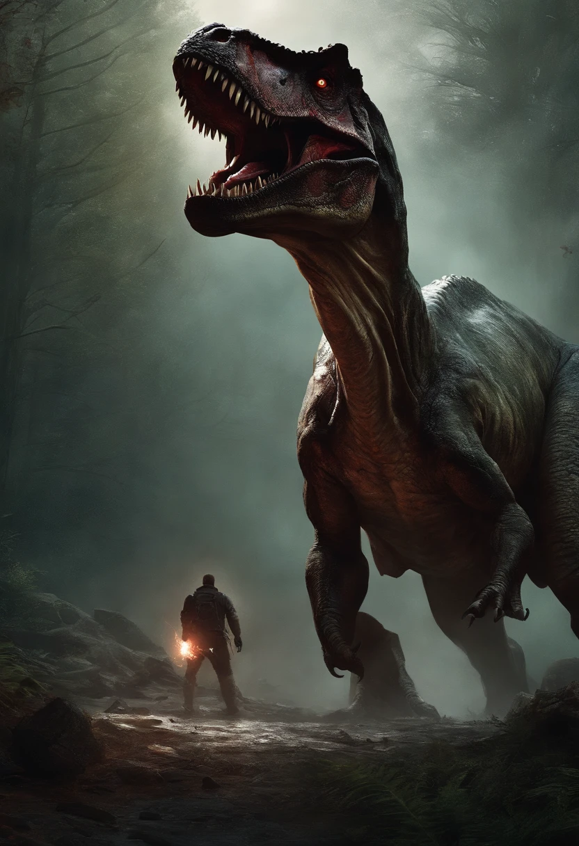A painting of a t-rex with a bloodied face and a bloodied head, wide shot , carnage, Sci - Horror Art of Fiction, Science fiction horror artwork, inspired by Aleksi Briclot, creature de carnage, Horror fantasy art, par Aleksi Briclot, Horror concept art, venin, Art fantastique et horreur, Detailed illustration of 4K horror, Dinosaur creature, Dark Fantasy Horror Art