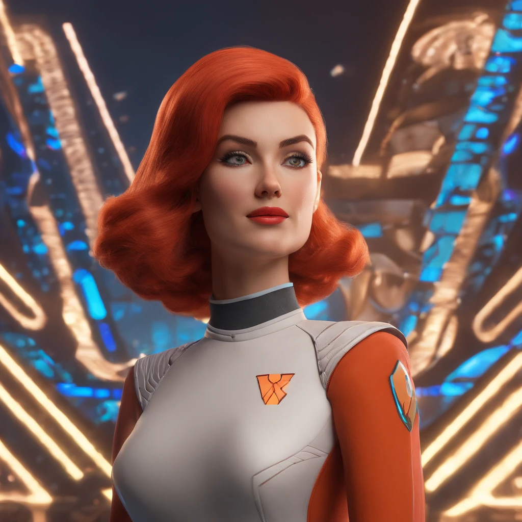 Animated portrait of a female character with striking red hair styled into a tall, elegant bun. She has fair skin, arched eyebrows, green eyes, and red lips that express a confident and playful demeanor. She's dressed in a short blue, form-fitting miniskirt sci-fi uniform dress reminiscent of the 'Star Trek' series. She is wearing black tights. The dress features a high collar, flared sleeves at the wrists, and a triangular badge on the left side of her chest. She poses with one hand raised in a gesture similar to the Vulcan salute. The image has a vintage sci-fi theme, blending classic and modern aesthetics.