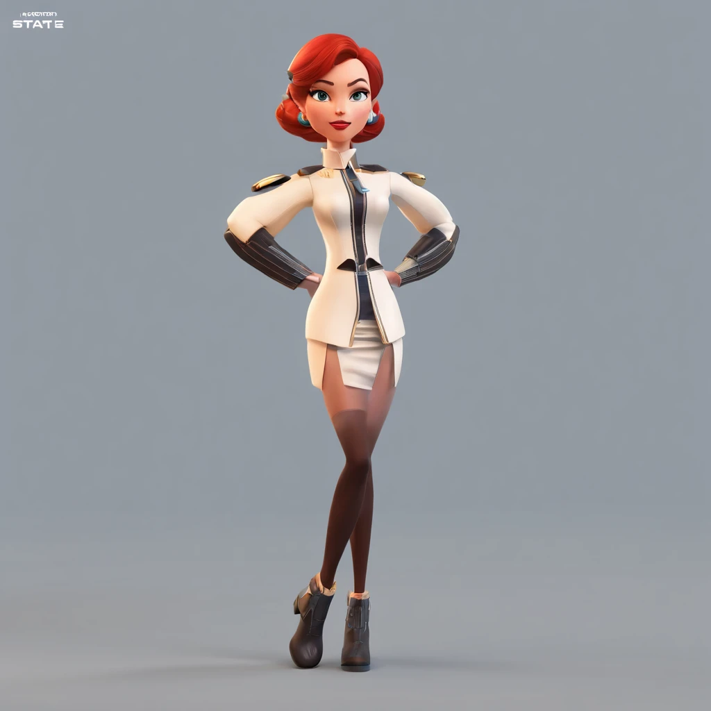 Animated portrait of a female character with striking red hair styled into a tall, elegant bun. She has fair skin, arched eyebrows, green eyes, and red lips that express a confident and playful demeanor. She's dressed in a short blue, form-fitting miniskirt sci-fi uniform dress reminiscent of the 'Star Trek' series. She is wearing black tights. The dress features a high collar, flared sleeves at the wrists, and a triangular badge on the left side of her chest. She poses with one hand raised in a gesture similar to the Vulcan salute. The image has a vintage sci-fi theme, blending classic and modern aesthetics.