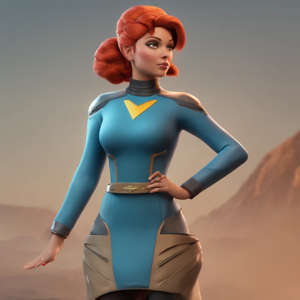 Animated portrait of a female character with striking red hair styled into a tall, elegant bun. She has fair skin, arched eyebrows, green eyes, and red lips that express a confident and playful demeanor. She's dressed in a short blue, form-fitting miniskirt sci-fi uniform dress reminiscent of the 'Star Trek' series. She is wearing black tights. The dress features a high collar, flared sleeves at the wrists, and a triangular badge on the left side of her chest. She poses with one hand raised in a gesture similar to the Vulcan salute. The image has a vintage sci-fi theme, blending classic and modern aesthetics.