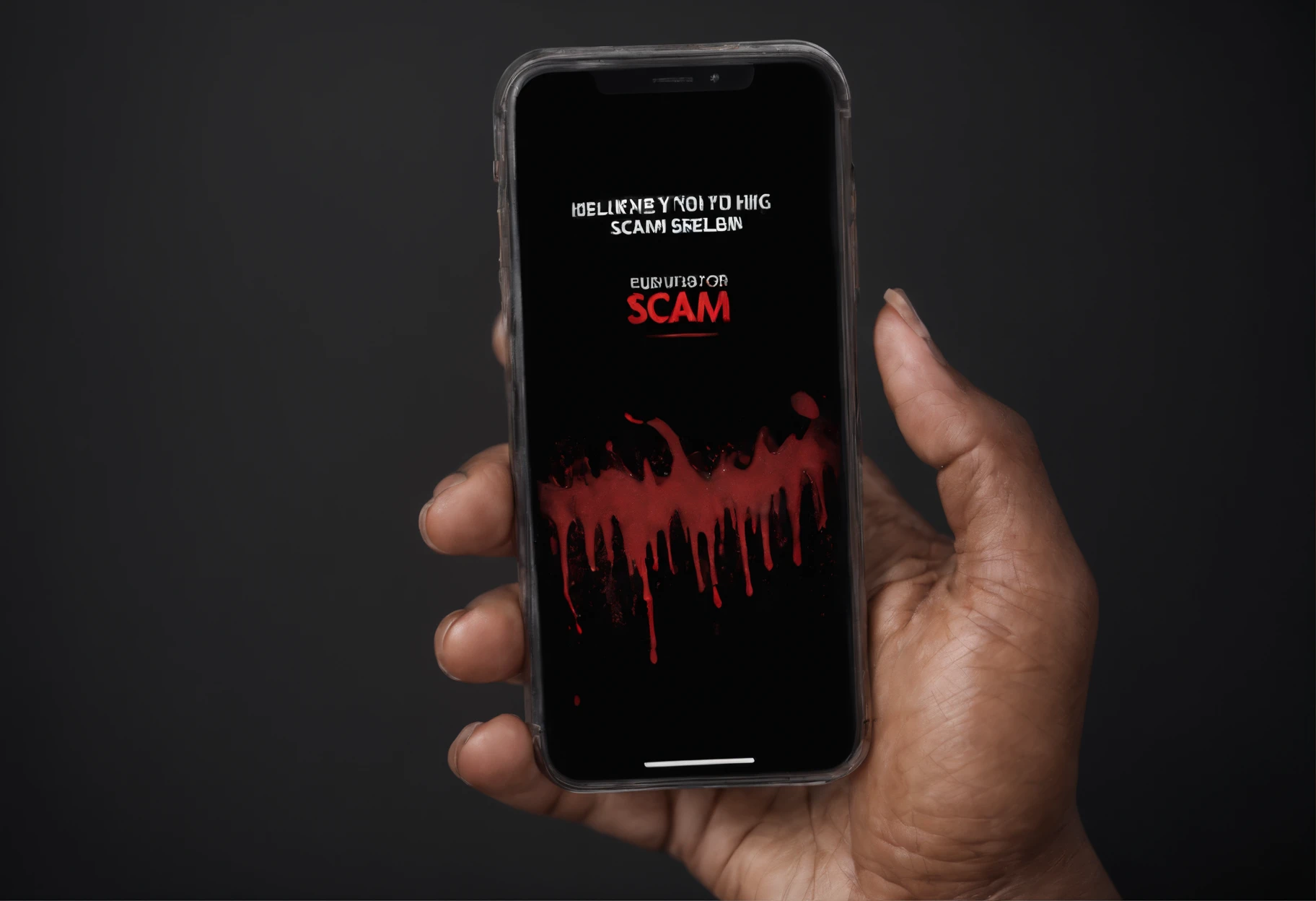 African american feminine hand holding a phone covered in blood with the words likely to scam on the screen black background