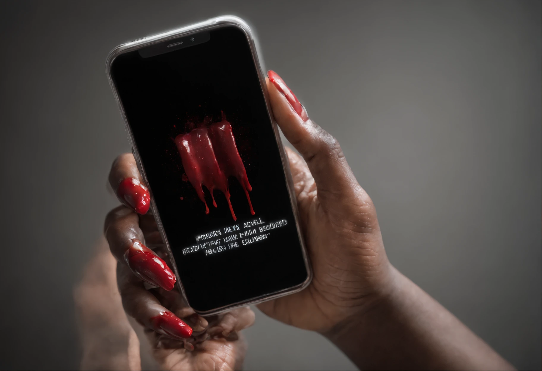 African american feminine hand holding a phone covered in blood with the words likely to scam on the screen black background