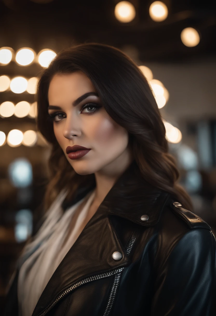 Realistic portrait, young woman, photo session, standing photographic studio, cinematic lighting, American portrait, vertical, professional camera, black leather biker jacket, cable turtle neck, black leather pants, black biker boots, detailed image, black hair, soft makeup, coffee shop, high-definition image, ultra-high quality, Enhance skin texture for a natural and lifelike appearance, Add intricate details to the eyes, highlighting iris colors and reflections, Specify the desired level of skin retouching or airbrushing for a flawless yet natural look