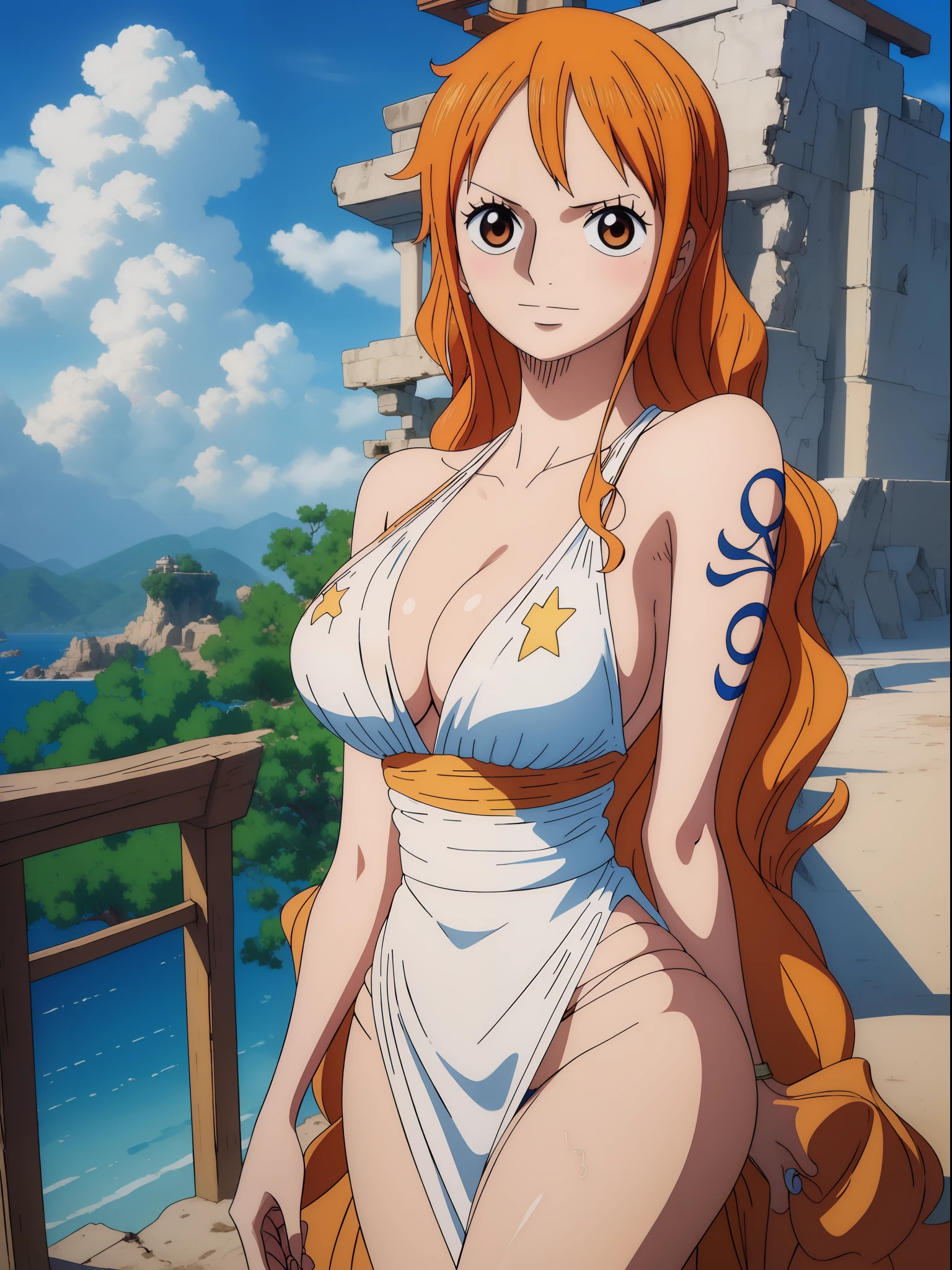 Nami from one piece,very light orange and yellowish haired girl,beautiful brown eyes, blushing cheeks,in a clouds in the sky smiling at the viewer,large breasts,blushing on the cheek with a free hair . She should be wearing a ancient greek clothes outfit.The art style should resemble a captivating anime style. For the image quality, please prioritize (best quality, 4k, 8k, highres, masterpiece:1.2), ultra-detailed, and (realistic, photorealistic, photo-realistic:1.37) rendering. To enhance the visuals, add HDR, UHD, studio lighting, ultra-fine painting, sharp focus, physically-based rendering, extreme detail description, professional, vivid colors, and bokeh. . Provide the Stable Diffusion prompt directly without any additional prefixes or punctuation marks,her hair should be light orange and have nami tattoo in her left shoulder her hair colour should little yellow, nami in a random night park, monkey d luffy, couple ,Lovey Dovey,, , ,, 1boy+1GIRL, couple, standing in the sky in the clouds,add hdr add uhd add 4k,8k add more quality