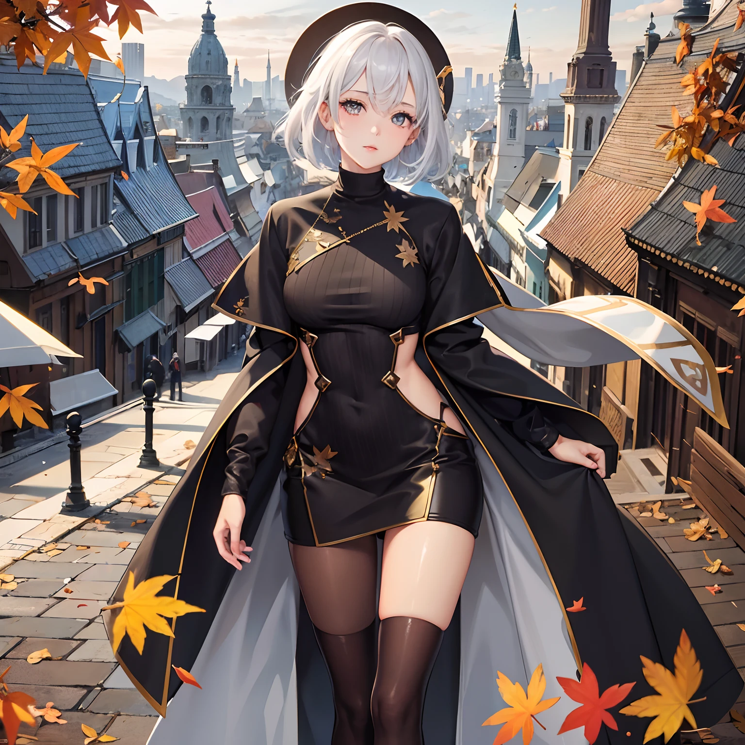 ​masterpiece、top-quality、hight resolution、High-quality images、8K.1womanl、skin gloss、Texture of skin and clothing、colourfull、the detail、Detailed eye expression、Lustrous hair、full body Esbian、Platinum Bront Shorthair、Dark brown sweater、Long coat、A city with towers、leaves falling