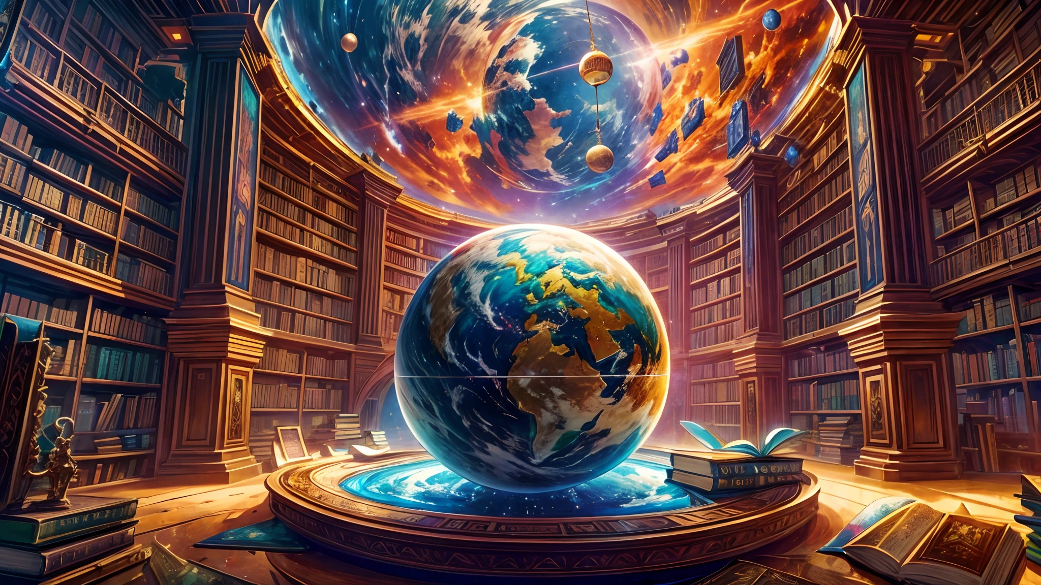 masterpiece, concept art, wide shot, magical library, Globe sphere in the middle, books flying around, magic students around, fantasy theme, surrealism, high fantasy, multicolored magical array, (epic composition, epic proportion), volumetric lighting, panoramic, vibrant color, HD