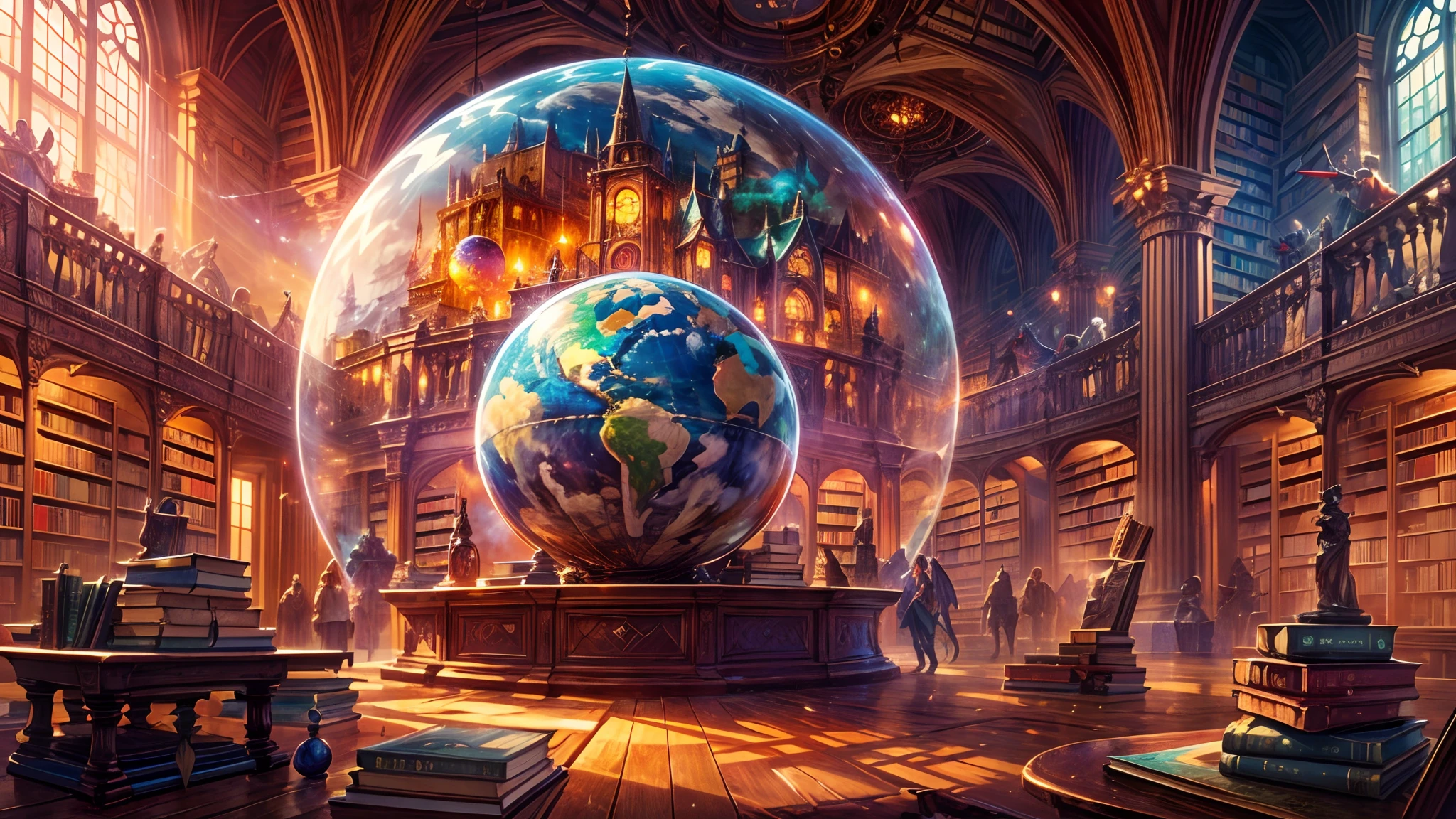masterpiece, concept art, wide shot, magical library, Globe sphere in the middle, books flying around, magic students around, fantasy theme, surrealism, high fantasy, multicolored magical array, (epic composition, epic proportion), volumetric lighting, panoramic, vibrant color, HD