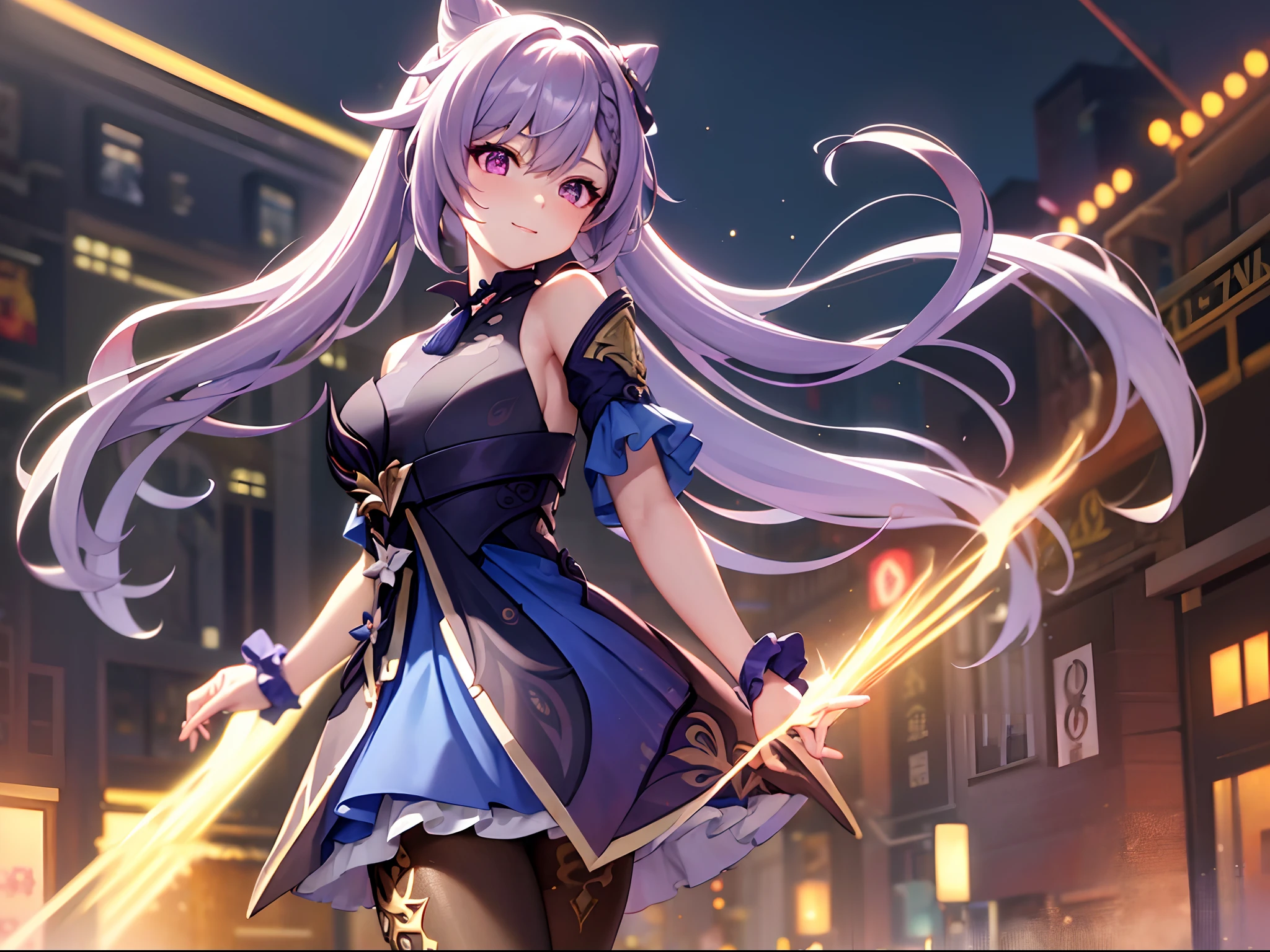 keqing, very happy expression,glowing body,shiny hair, wearing normal street clothe, walking in street, new york street, beautiful detailed eyes,extremely detailed eyes and face,(best quality,4k,8k,highres,masterpiece:1.2)illustration,glowing lights,vibrant colors,warm color tone,soft shadows, happy atmosphere, new york city atmosphere, daylight