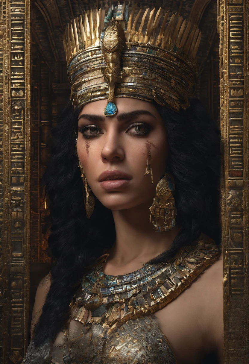 An image of Cleopatra's suicide, A tragic Egyptian queen. His keen focus and intense gaze seem to pierce through the darkness, Revealing Hidden Truths and Mysteries. The intricate details are reproduced in stunning detail, while cinematic lighting adds a touch of drama to the scene. Esta imagem sobrenatural, Captured in 8K resolution, will leave you in awe of its beauty and depth