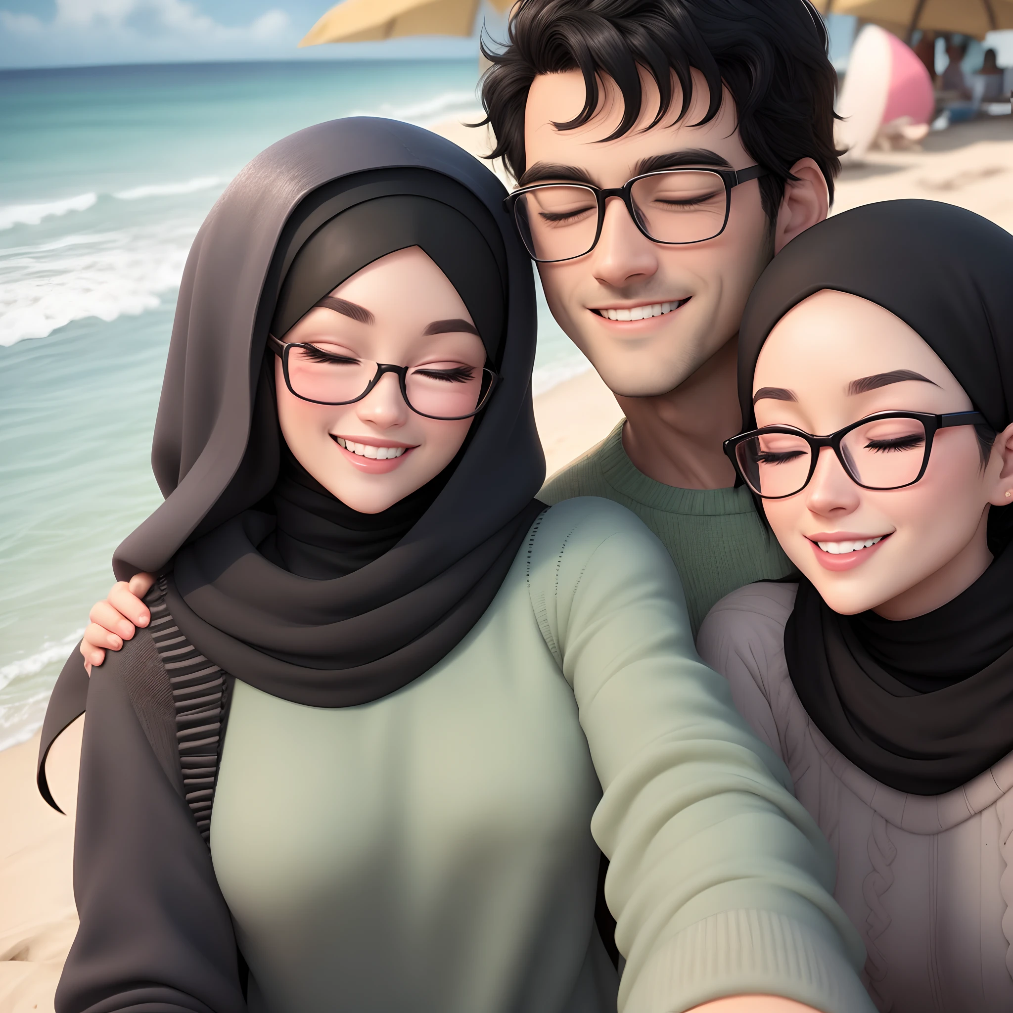 Disney Pixar poster, a couple of lovers take a selfie on the beach, the man is wearing soft green clothes, black hair, his face is slightly tilted with a smile at the camera and is wearing glasses, while the woman is wearing a black hijab with a sweet smile and her eyes are closed and wearing a cream colored sweater while supporting her chin. 3d animation