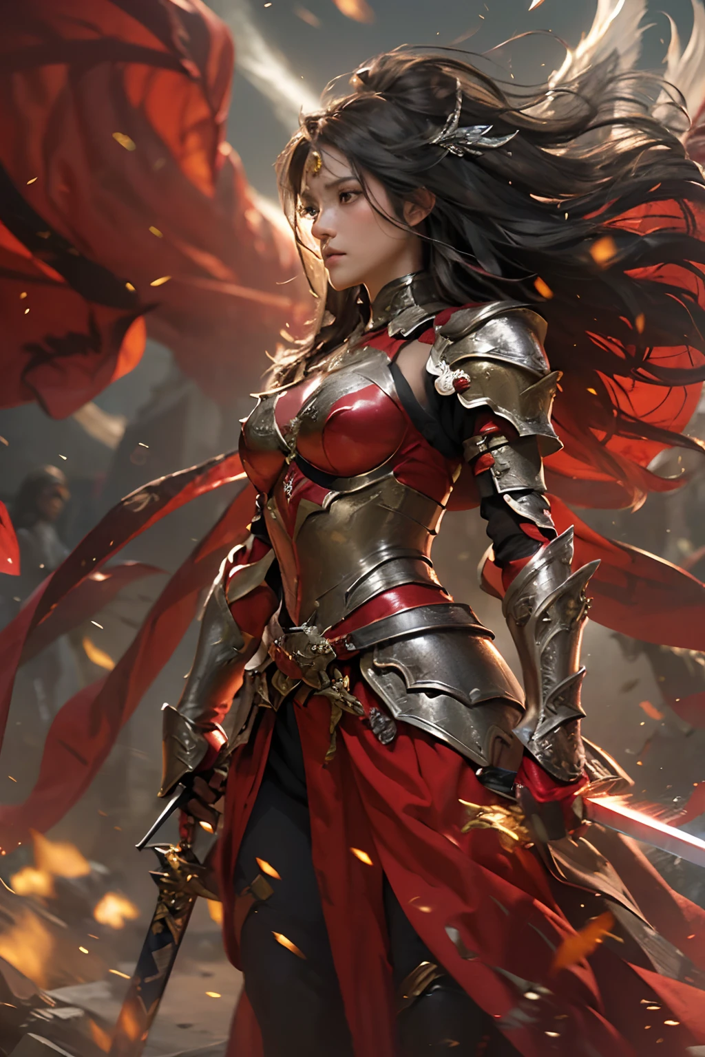 Very beautiful woman、Slender women、(Detailed face)、Realistic Skin、((Knight of Fire)), (((Crimson armor:1.25)))、((((Black armor with very fine and intricate decoration))))、((Delicate photo))，(Girl Astepeace RAW Photo Details:1.25), (highest quality:1.6), (超A high resolution:1.5), (Realistic:1.75), 8K resolution, Canon EOS R5, 50mm, Absurd, Ultra-detailed,Cinema Lighting,Battlefields of Medieval Europe、((battle))、RPG World、Final Fantasy、(((Embellished skirt)))、Thigh-high socks、Shin Guards、night、((too long bangs))、((One long thick dark red hair braid))、Get six-pack、Torn Cloak、Beautiful Armor、(((Giant Sword)))、In combat、The wind is blowing、(((Inferno filling the entire area)))、(((Leading a large group of red knights)))、(((Knight Commander)))、Armor with a Phoenix motif、Old scar on right cheek:1.2、((Fire blaze))、(((Intense action scenes)))