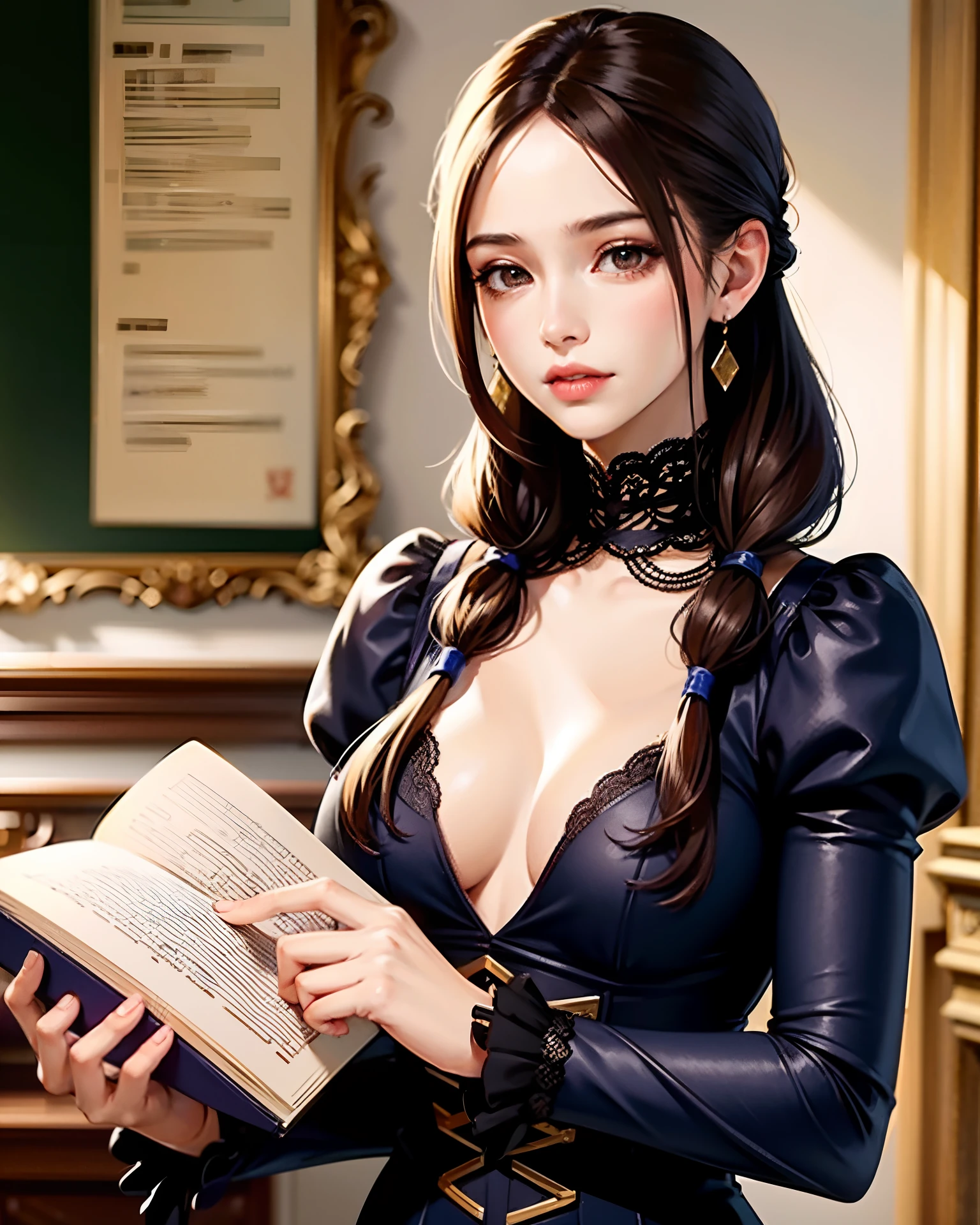 A beautiful young woman 40 years old, slim, brunette, brown eyes, she looks quite strict, a slight smile, the dress was then deaf, without a neckline, in the Victorian style, hair neatly gathered in a ponytail on top of the head, a neat hairstyle, a book in her hands, a teacher, fantasy stile, 2d game art, realistic