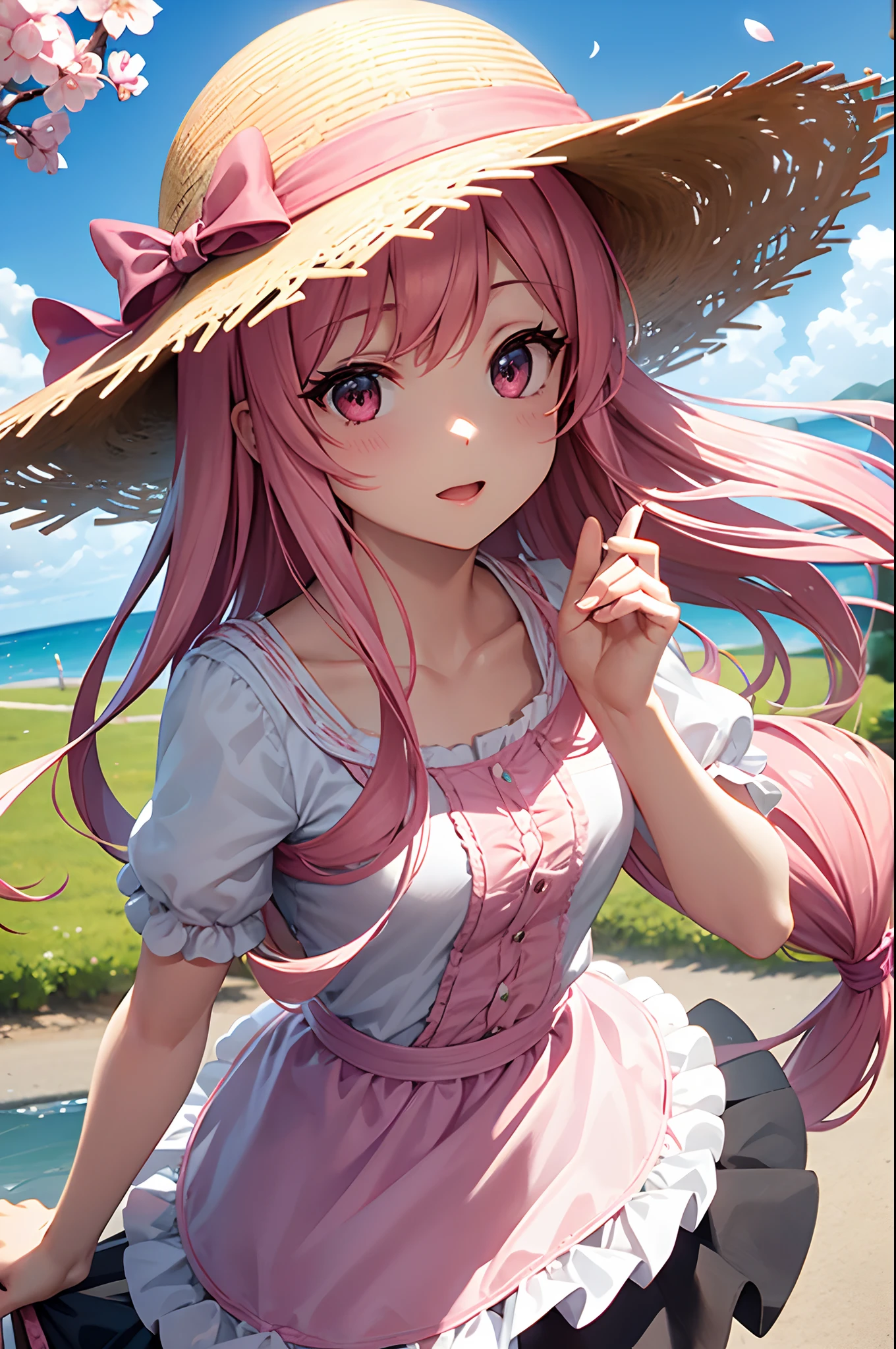 Long pink hair, spring, straw hat, grabbing hand, looking at viewer, cherry blossom, close up, windy